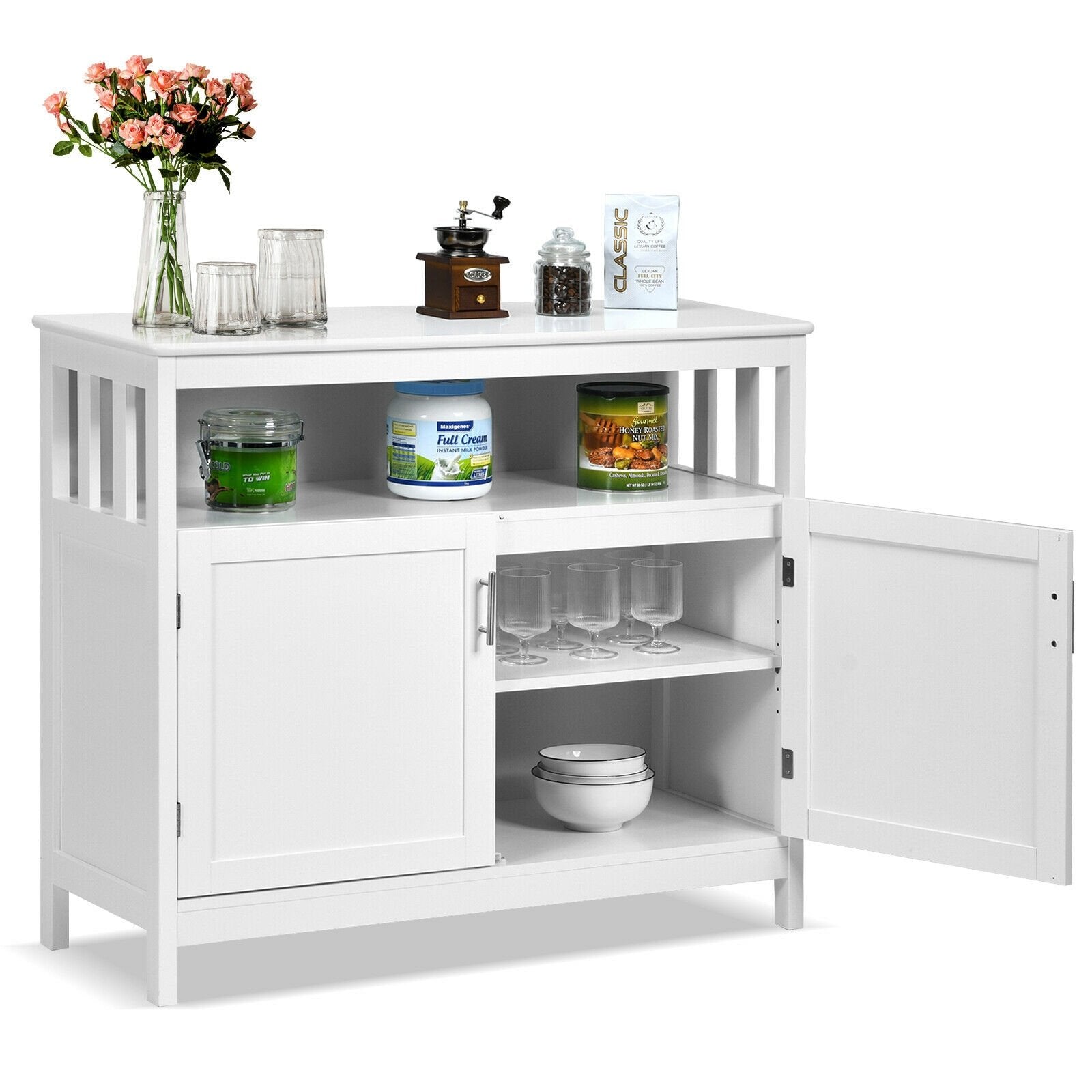 Kitchen Buffet Server Sideboard Storage Cabinet with 2 Doors and Shelf, White Sideboards Cabinets & Buffets   at Gallery Canada