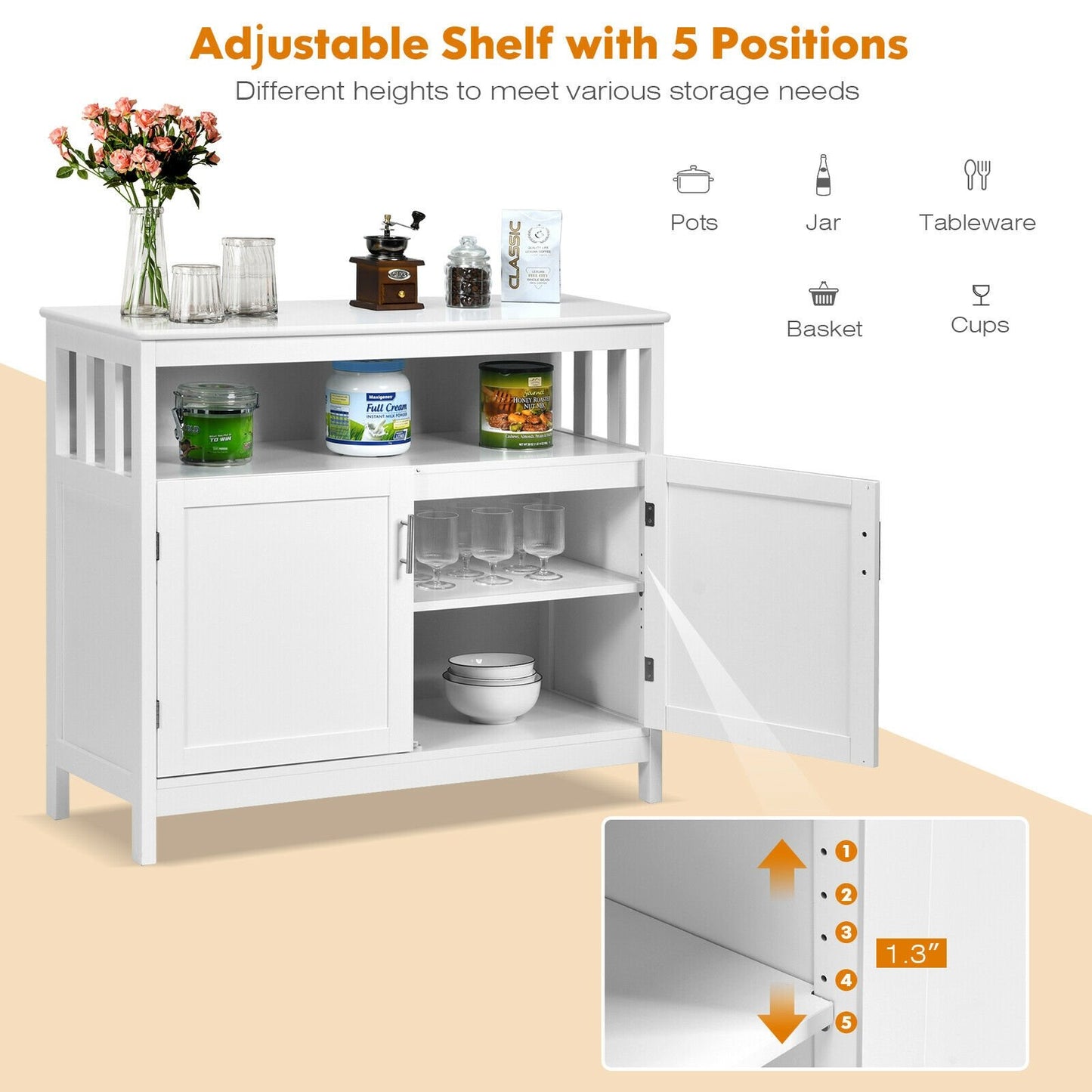 Kitchen Buffet Server Sideboard Storage Cabinet with 2 Doors and Shelf, White Sideboards Cabinets & Buffets   at Gallery Canada