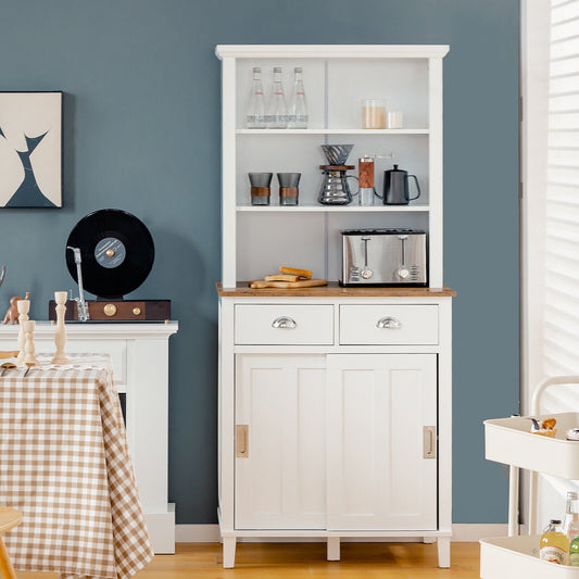 Freestanding Kitchen Pantry with Hutch Sliding Door and Drawer, White Sideboards Cabinets & Buffets   at Gallery Canada