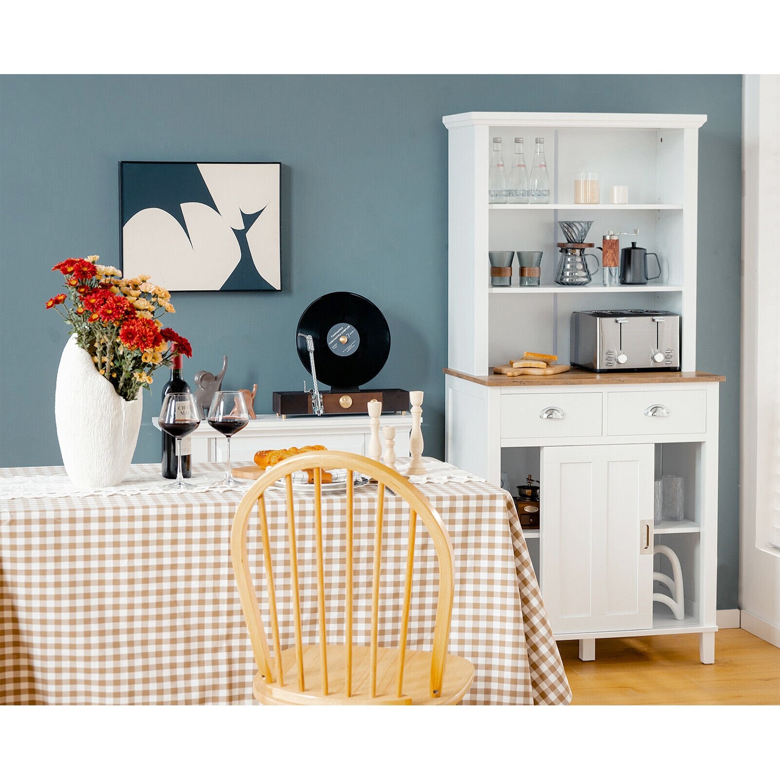 Freestanding Kitchen Pantry with Hutch Sliding Door and Drawer, White Sideboards Cabinets & Buffets   at Gallery Canada