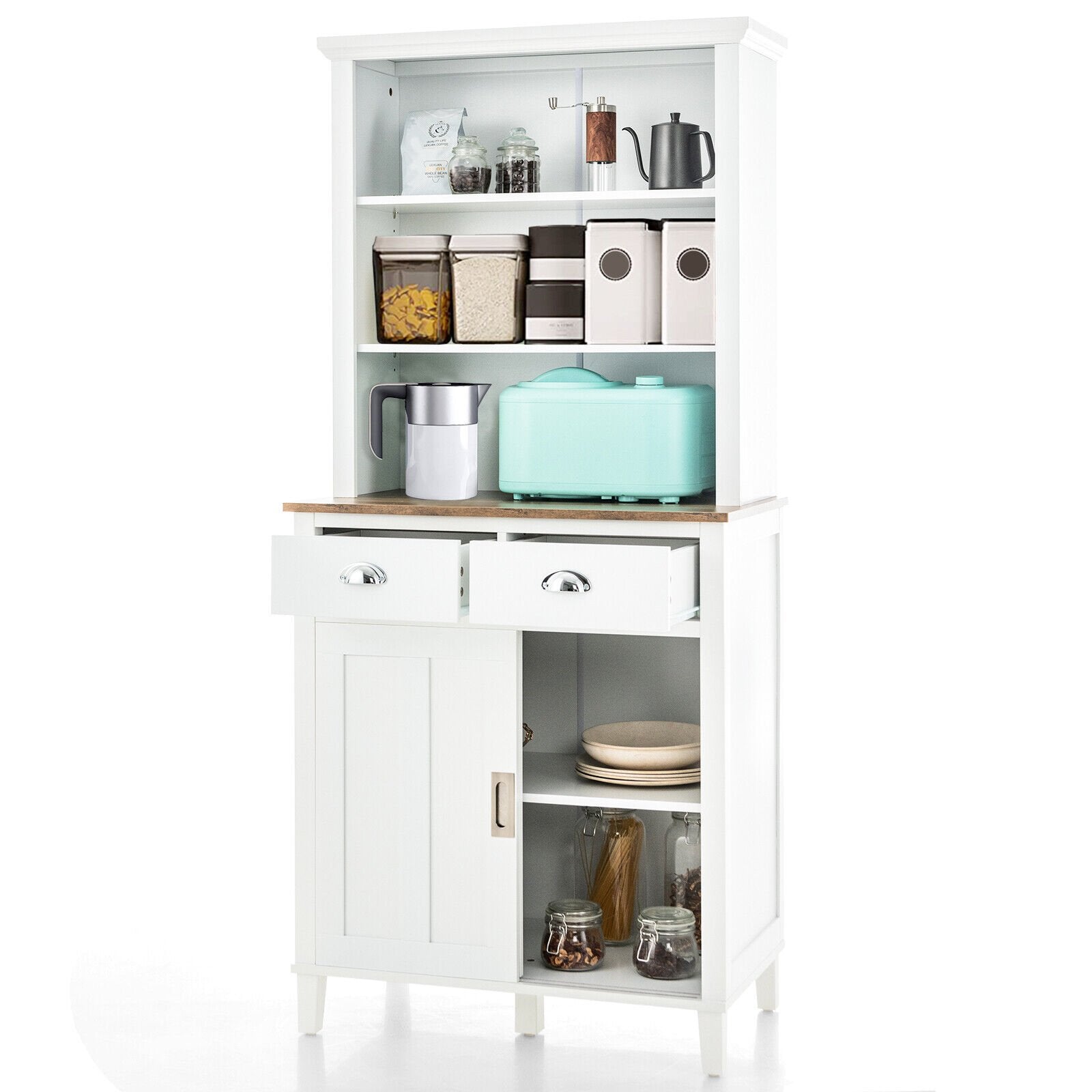 Freestanding Kitchen Pantry with Hutch Sliding Door and Drawer, White Sideboards Cabinets & Buffets   at Gallery Canada