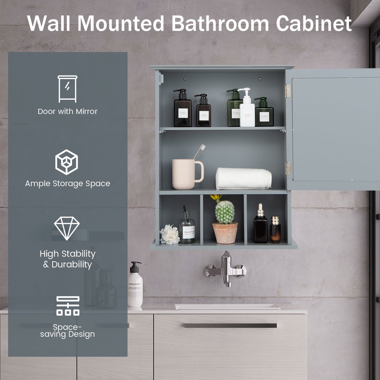 Wall Mounted and Mirrored Bathroom Cabinet, Gray Wall Cabinets   at Gallery Canada