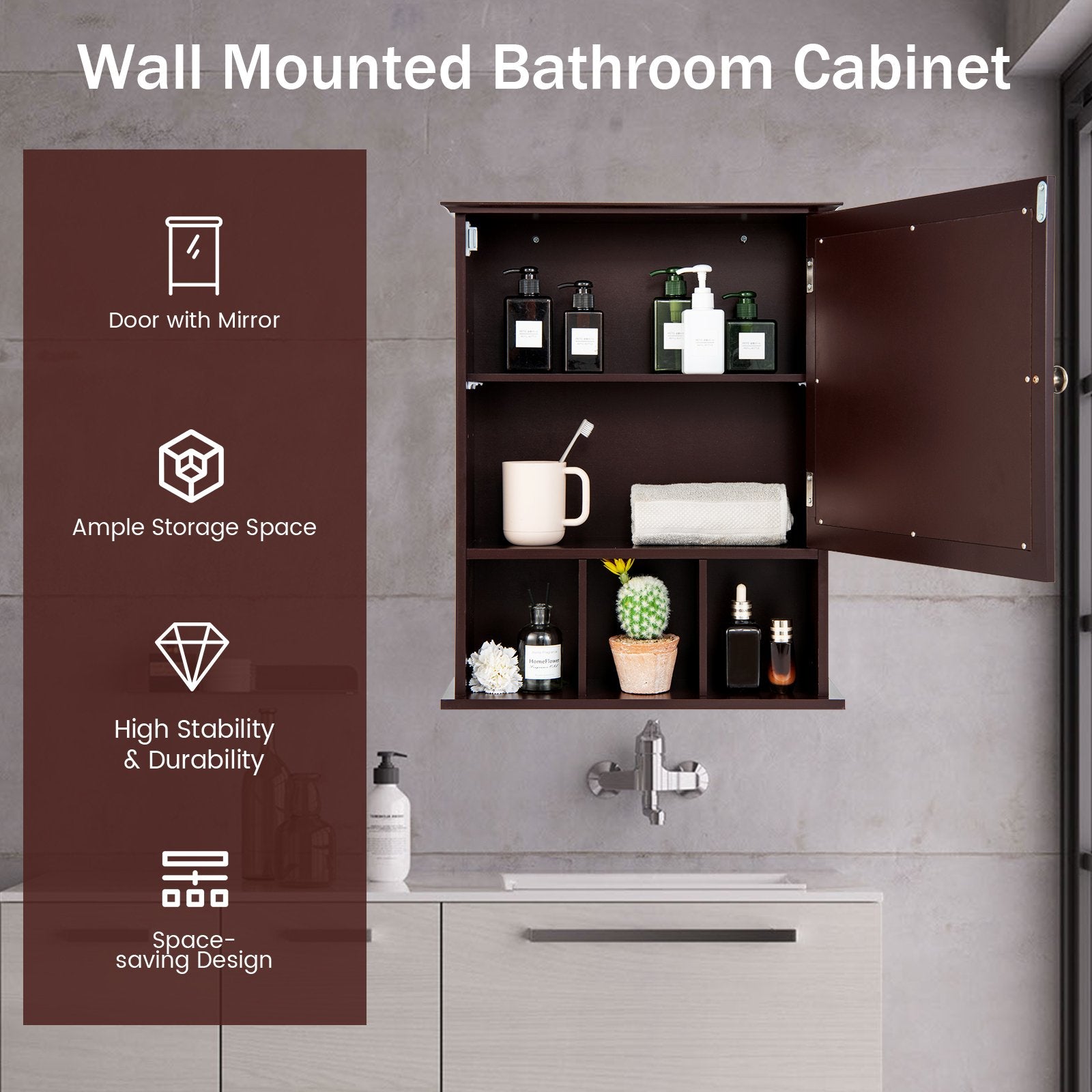 Wall Mounted and Mirrored Bathroom Cabinet, Brown Wall Cabinets   at Gallery Canada