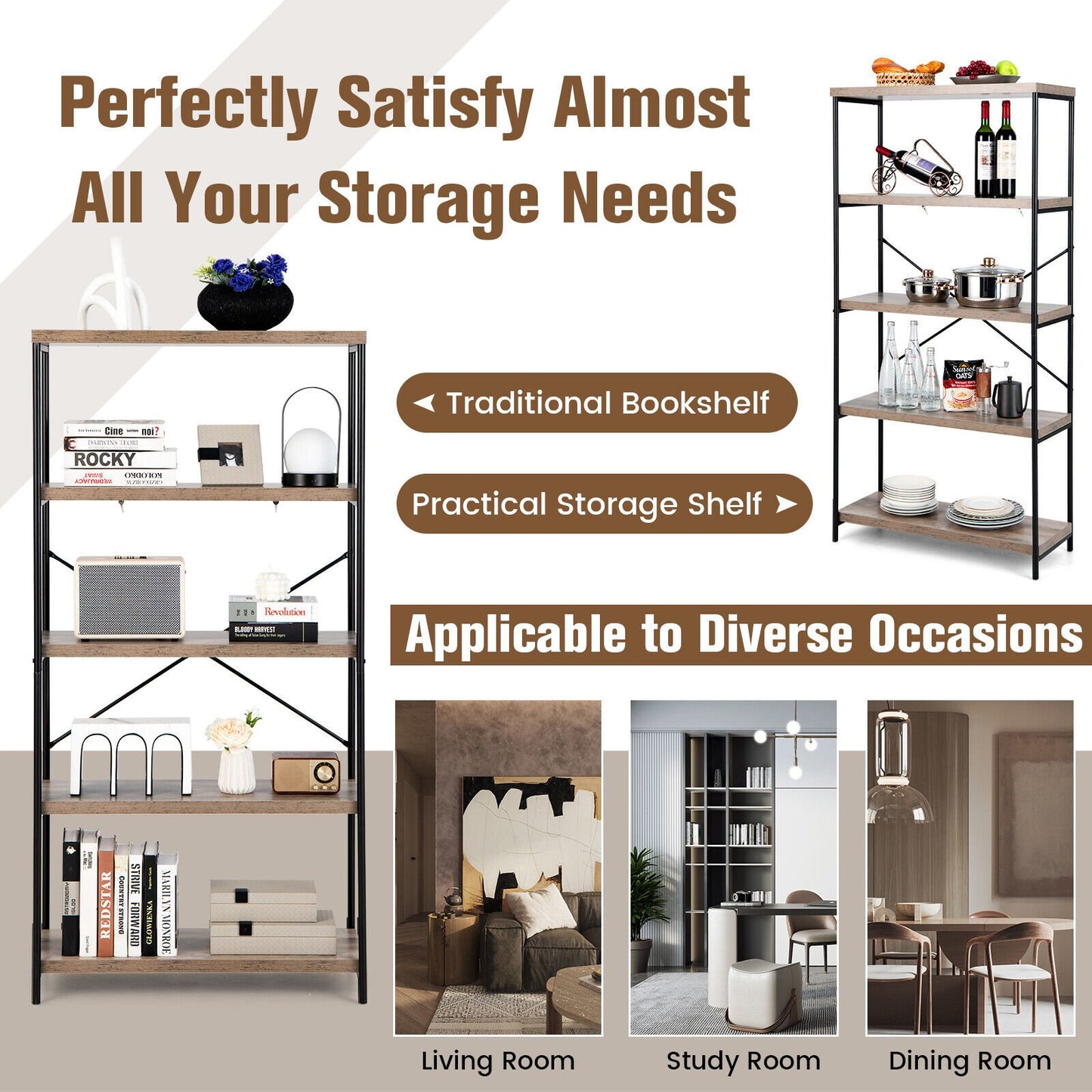 5-Tier Industrial Bookshelf Display Storage Rack with Metal Frame, Gray - Gallery Canada