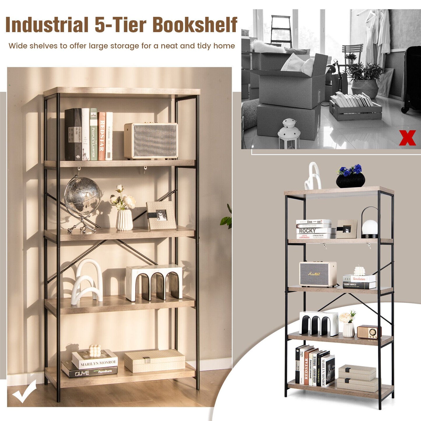 5-Tier Industrial Bookshelf Display Storage Rack with Metal Frame, Gray - Gallery Canada