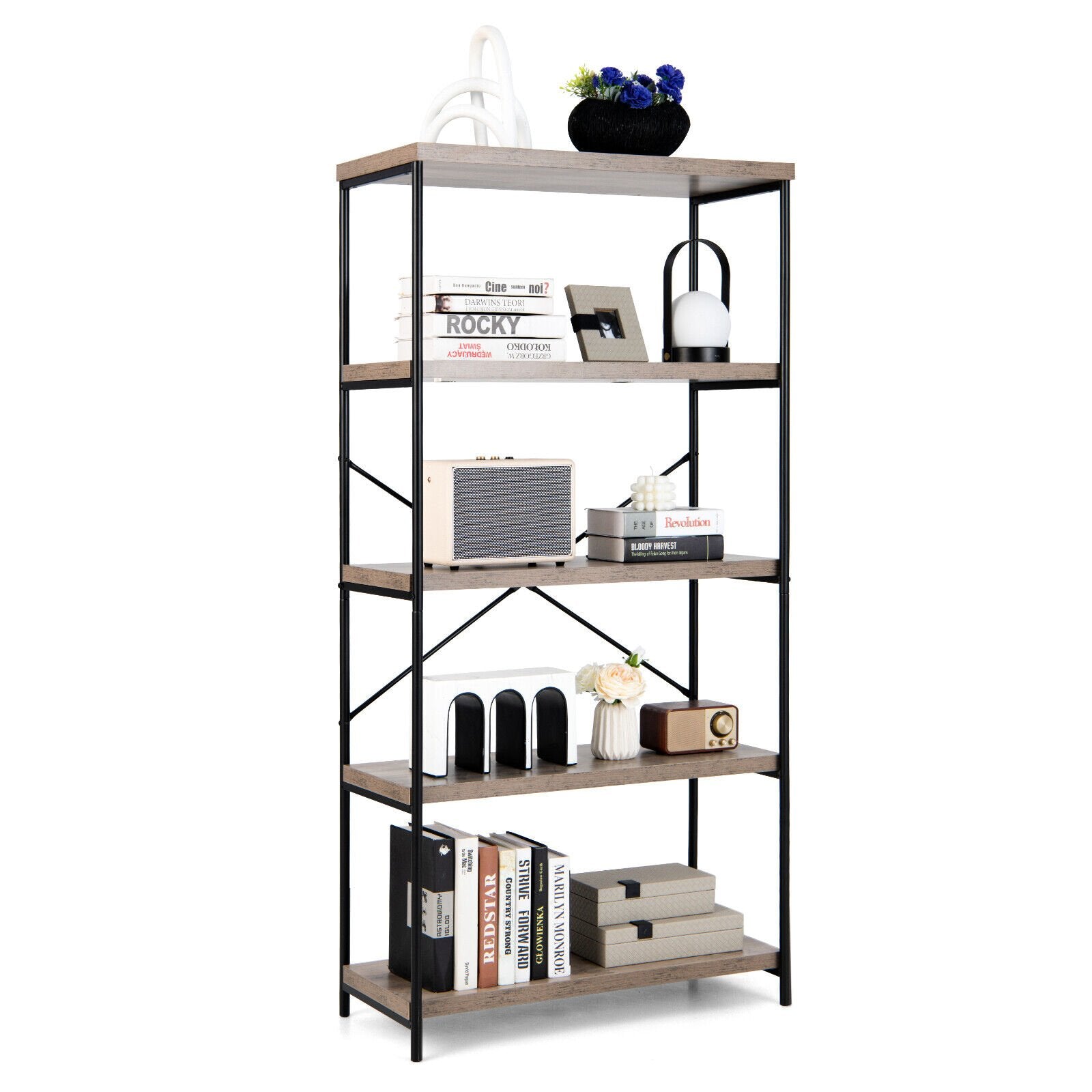 5-Tier Industrial Bookshelf Display Storage Rack with Metal Frame, Gray - Gallery Canada