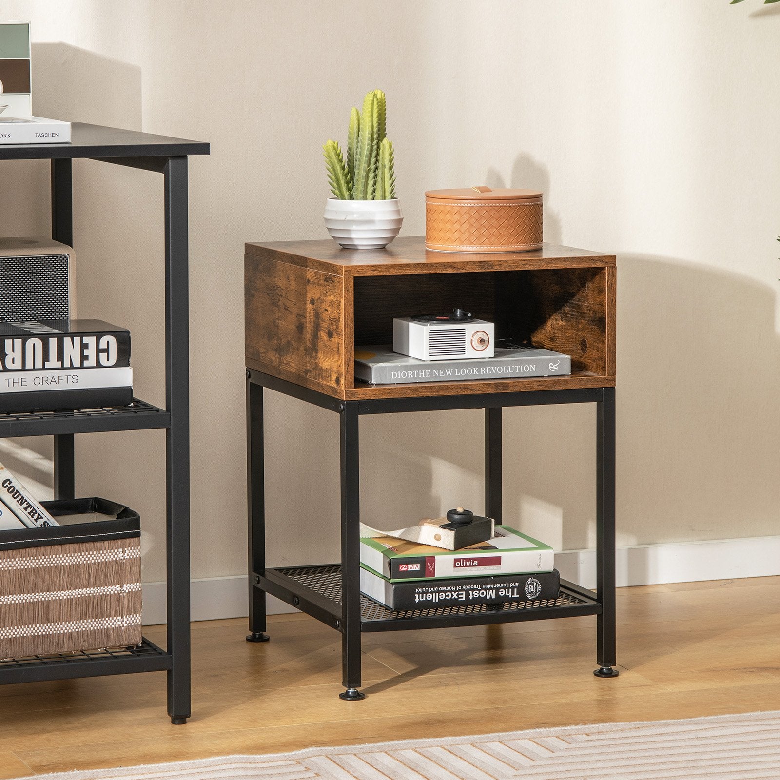 Industrial Nightstand End Side Table with Mesh Shelf Nightstands   at Gallery Canada