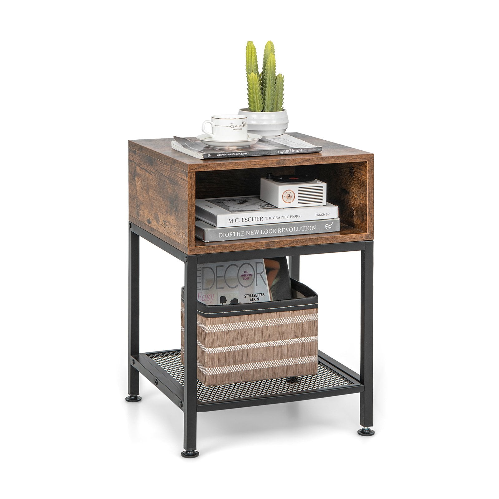 Industrial Nightstand End Side Table with Mesh Shelf Nightstands   at Gallery Canada