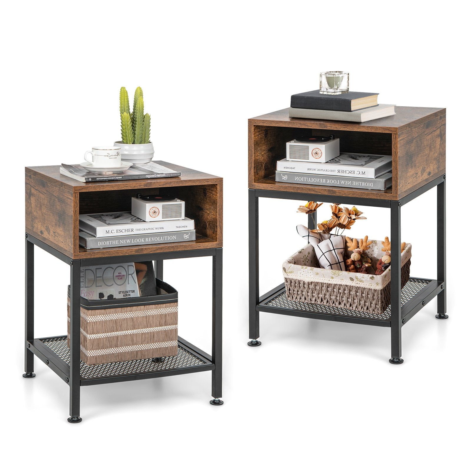 Industrial Nightstand End Side Table with Mesh Shelf Nightstands   at Gallery Canada