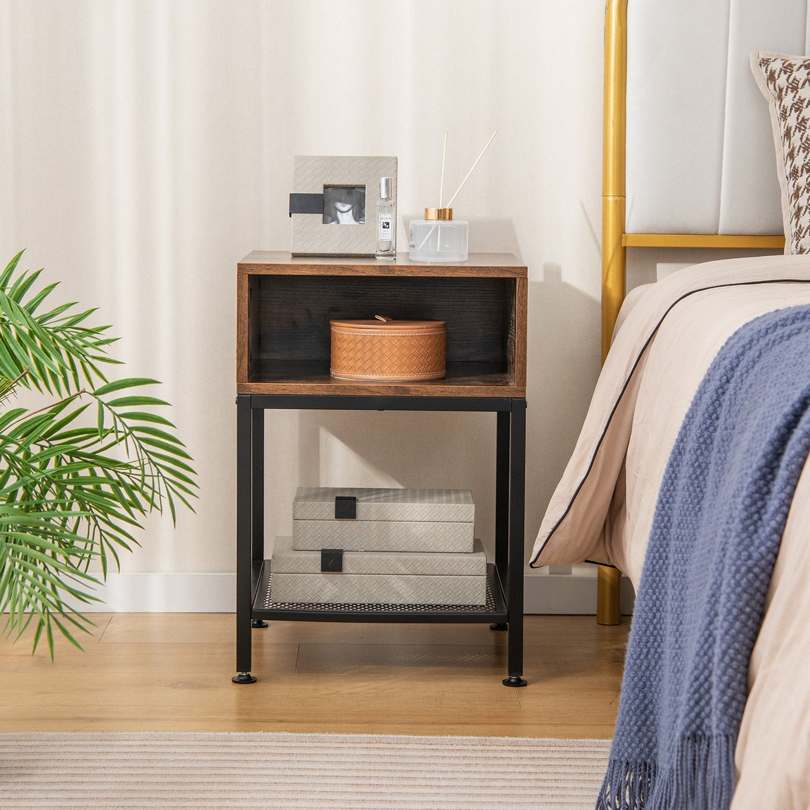 Industrial Nightstand End Side Table with Mesh Shelf Nightstands   at Gallery Canada