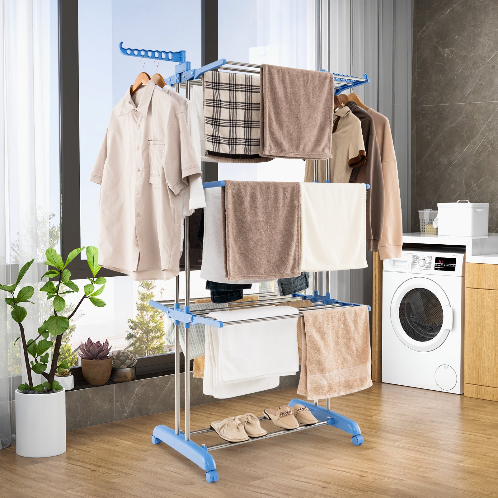 4-tier Folding Clothes Drying Rack with Rotatable Side Wings, Blue Drying Racks at Gallery Canada