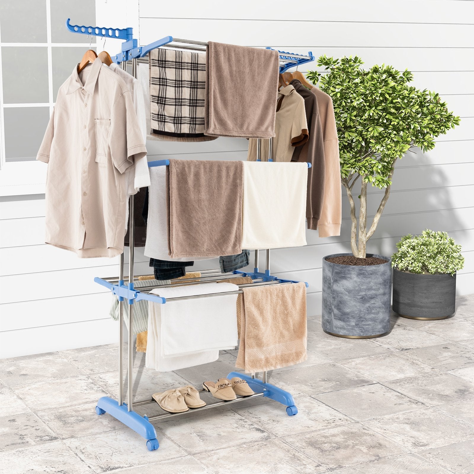 4-tier Folding Clothes Drying Rack with Rotatable Side Wings, Blue Drying Racks   at Gallery Canada