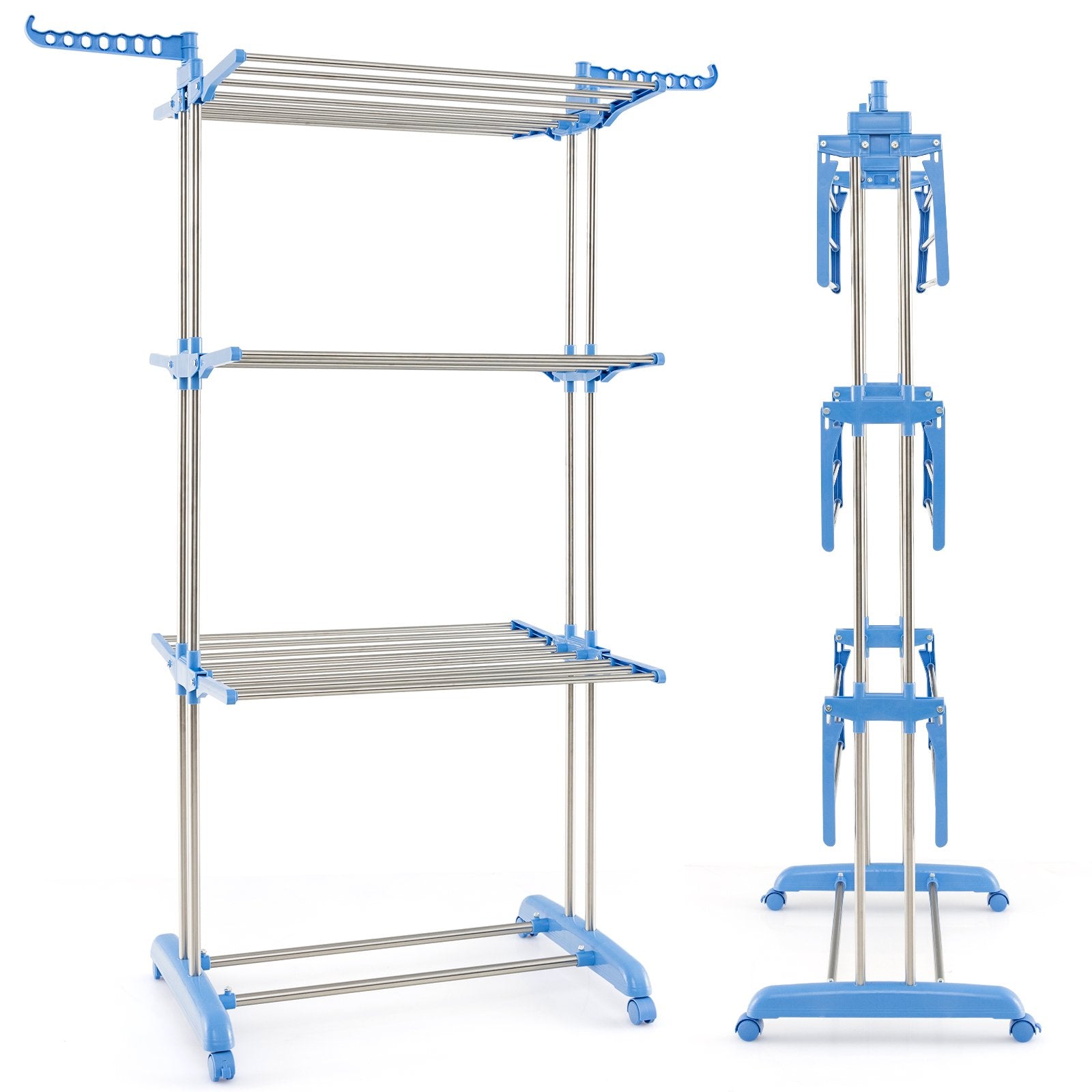 4-tier Folding Clothes Drying Rack with Rotatable Side Wings, Blue Drying Racks   at Gallery Canada