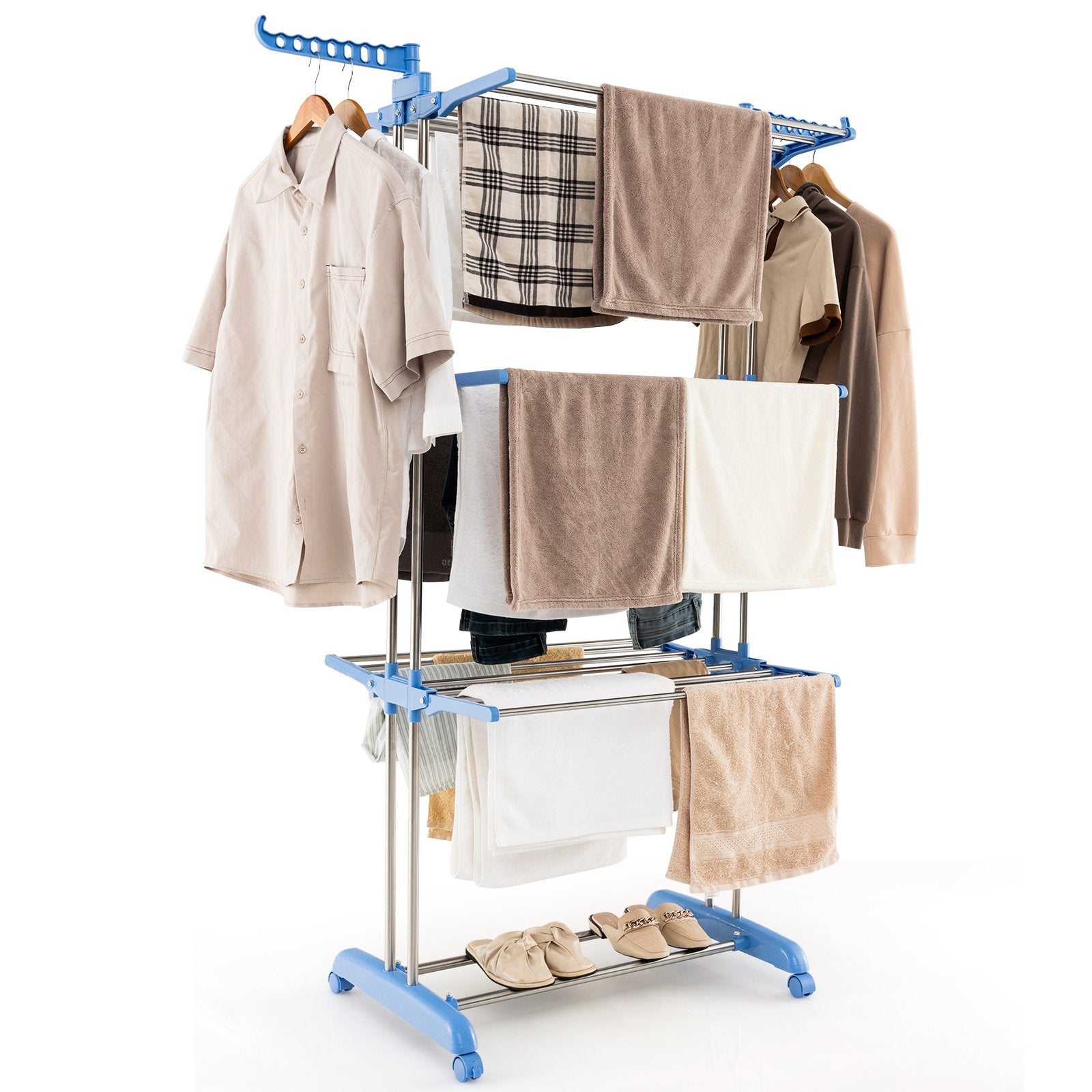 4-tier Folding Clothes Drying Rack with Rotatable Side Wings, Blue Drying Racks   at Gallery Canada