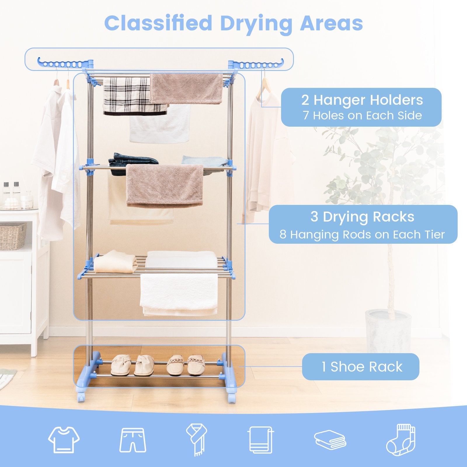 4-tier Folding Clothes Drying Rack with Rotatable Side Wings, Blue Drying Racks   at Gallery Canada