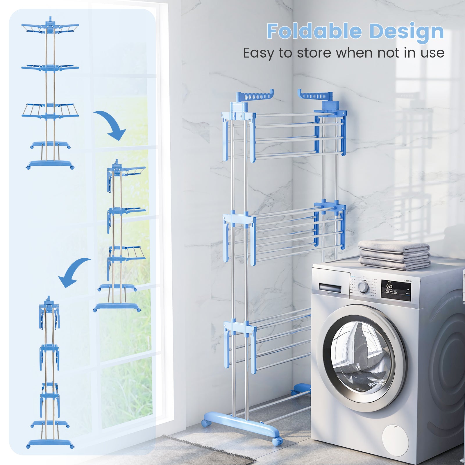 4-tier Folding Clothes Drying Rack with Rotatable Side Wings, Blue Drying Racks at Gallery Canada