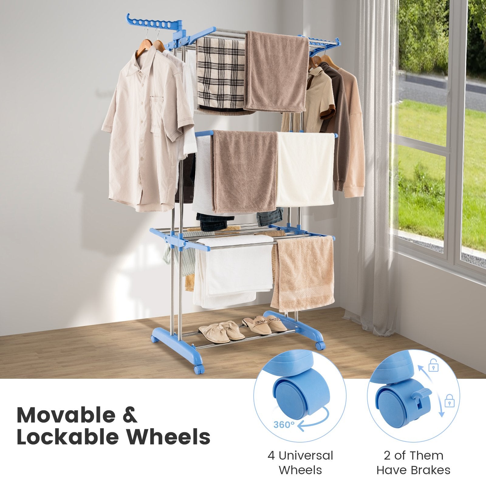 4-tier Folding Clothes Drying Rack with Rotatable Side Wings, Blue Drying Racks   at Gallery Canada