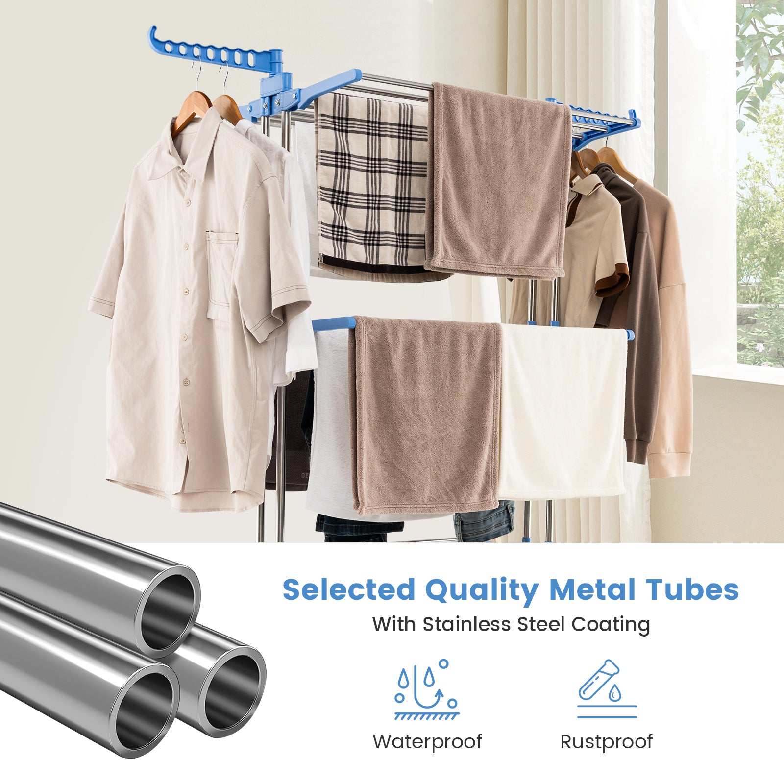 4-tier Folding Clothes Drying Rack with Rotatable Side Wings, Blue Drying Racks at Gallery Canada
