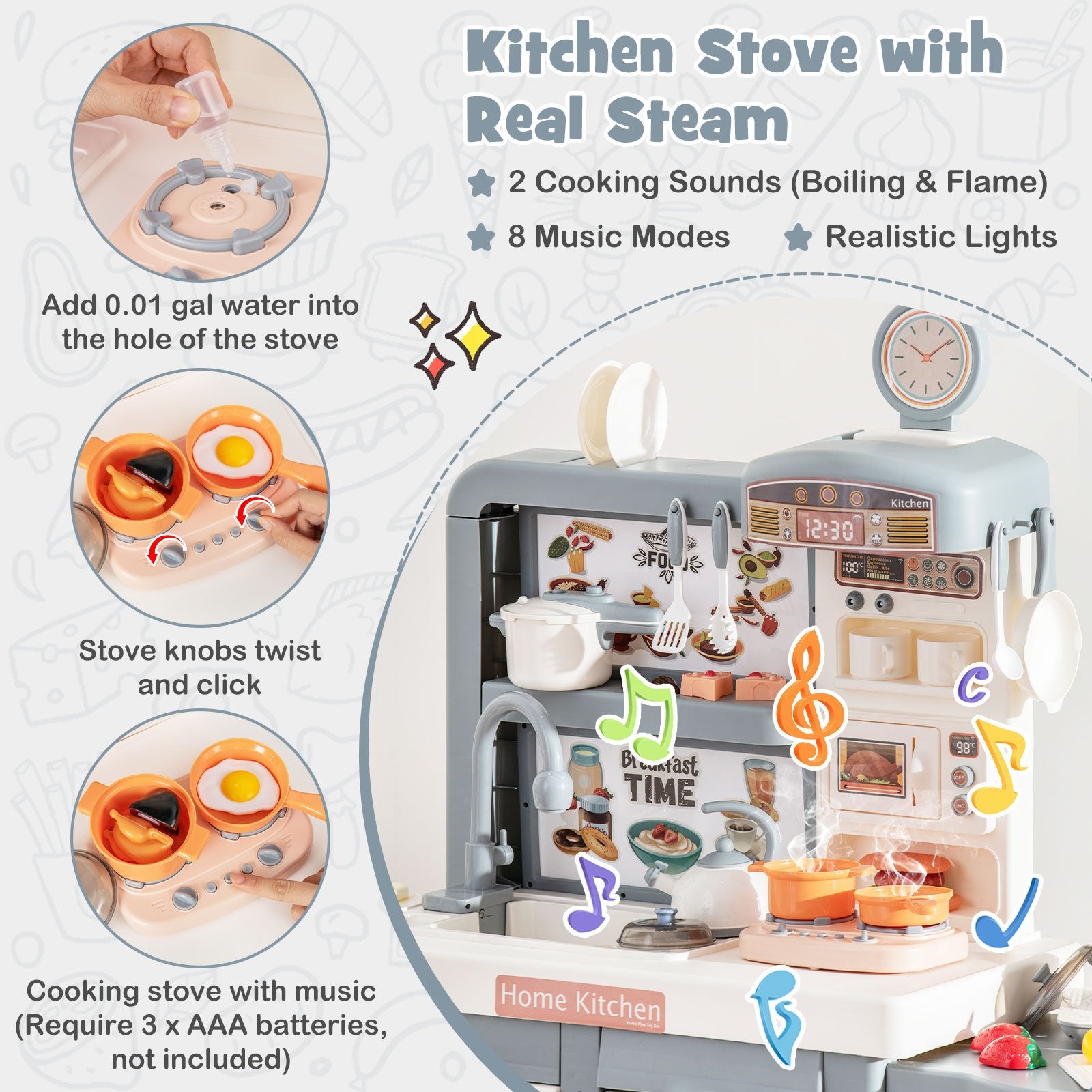 Kids Play Kitchen Toy with Stove Sink Oven with Light and Sound, Gray Play Kitchen Sets   at Gallery Canada