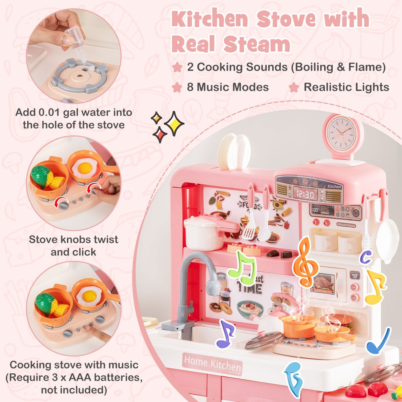 Kids Play Kitchen Toy with Stove Sink Oven with Light and Sound, Pink Play Kitchen Sets   at Gallery Canada