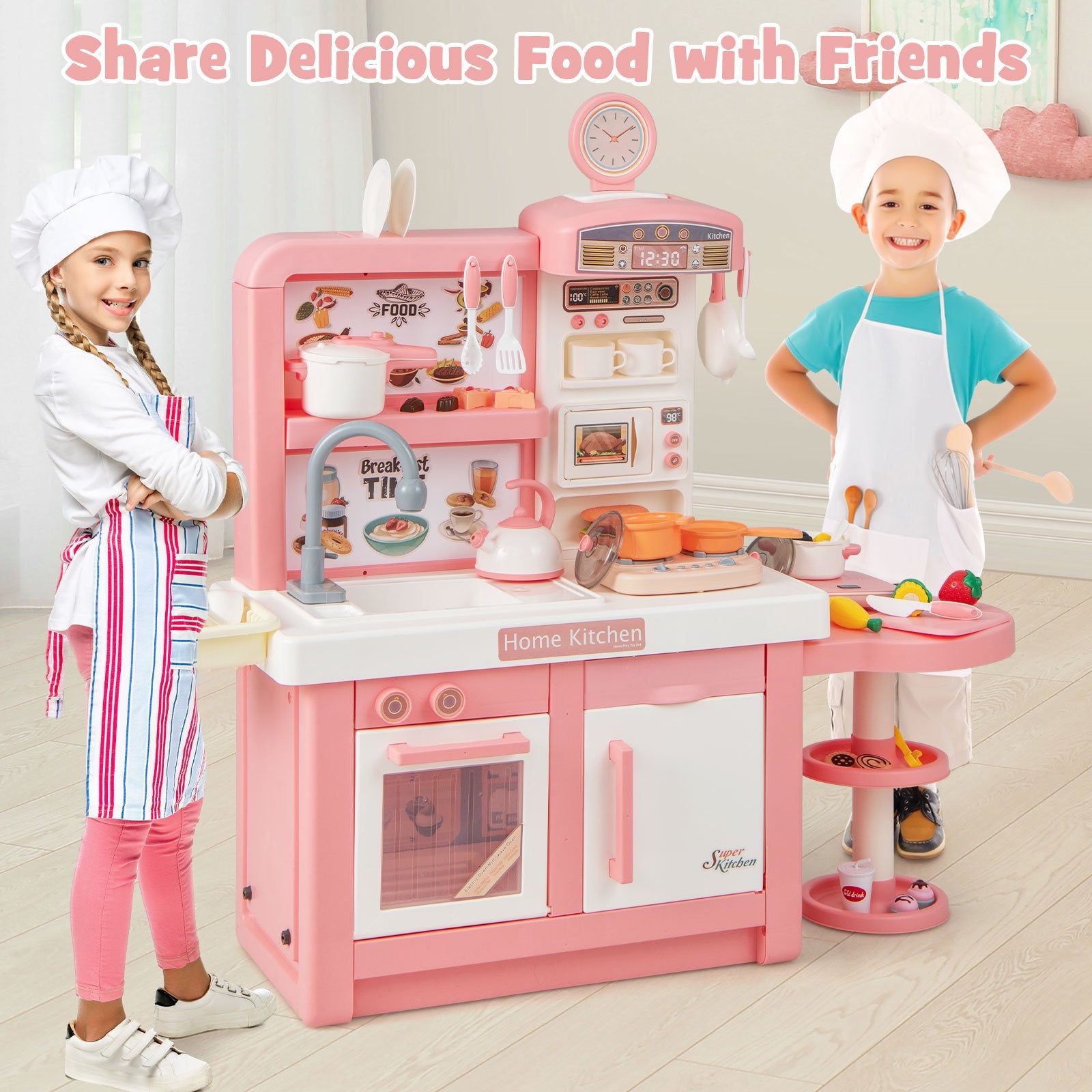 Kids Play Kitchen Toy with Stove Sink Oven with Light and Sound, Pink Play Kitchen Sets   at Gallery Canada