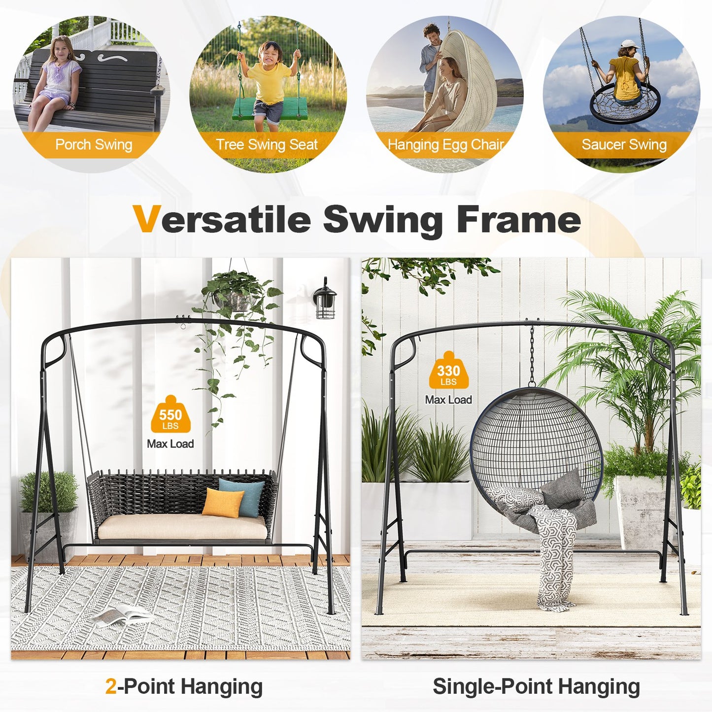 Outdoor Metal Swing Frame with Extra Side Bars, Black Porch Swings   at Gallery Canada