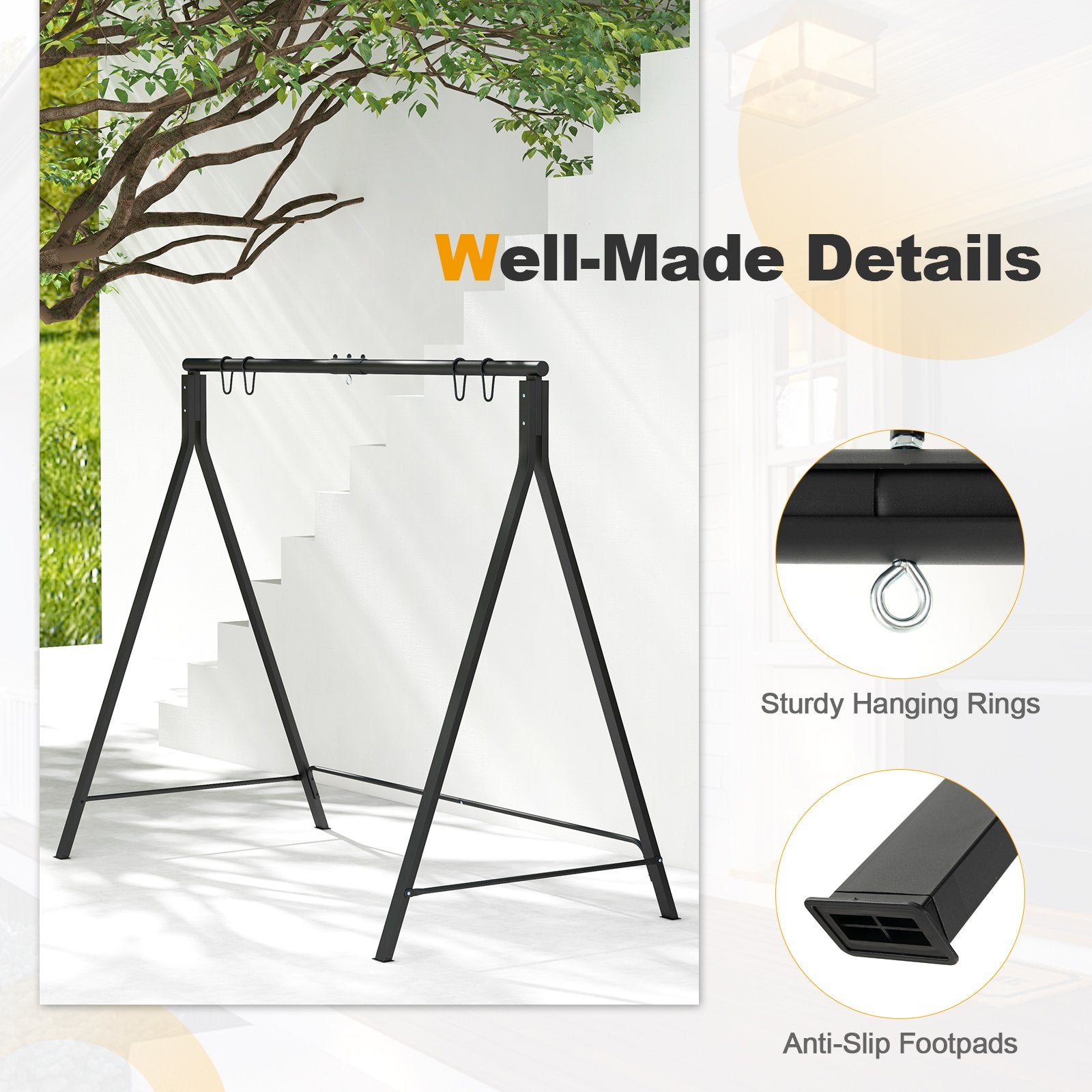 Patio Metal Swing Stand with A-Shaped Structure, Black Porch Swings   at Gallery Canada