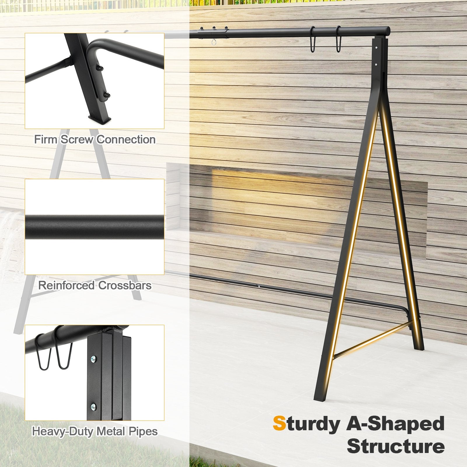 Patio Metal Swing Stand with A-Shaped Structure, Black Porch Swings   at Gallery Canada