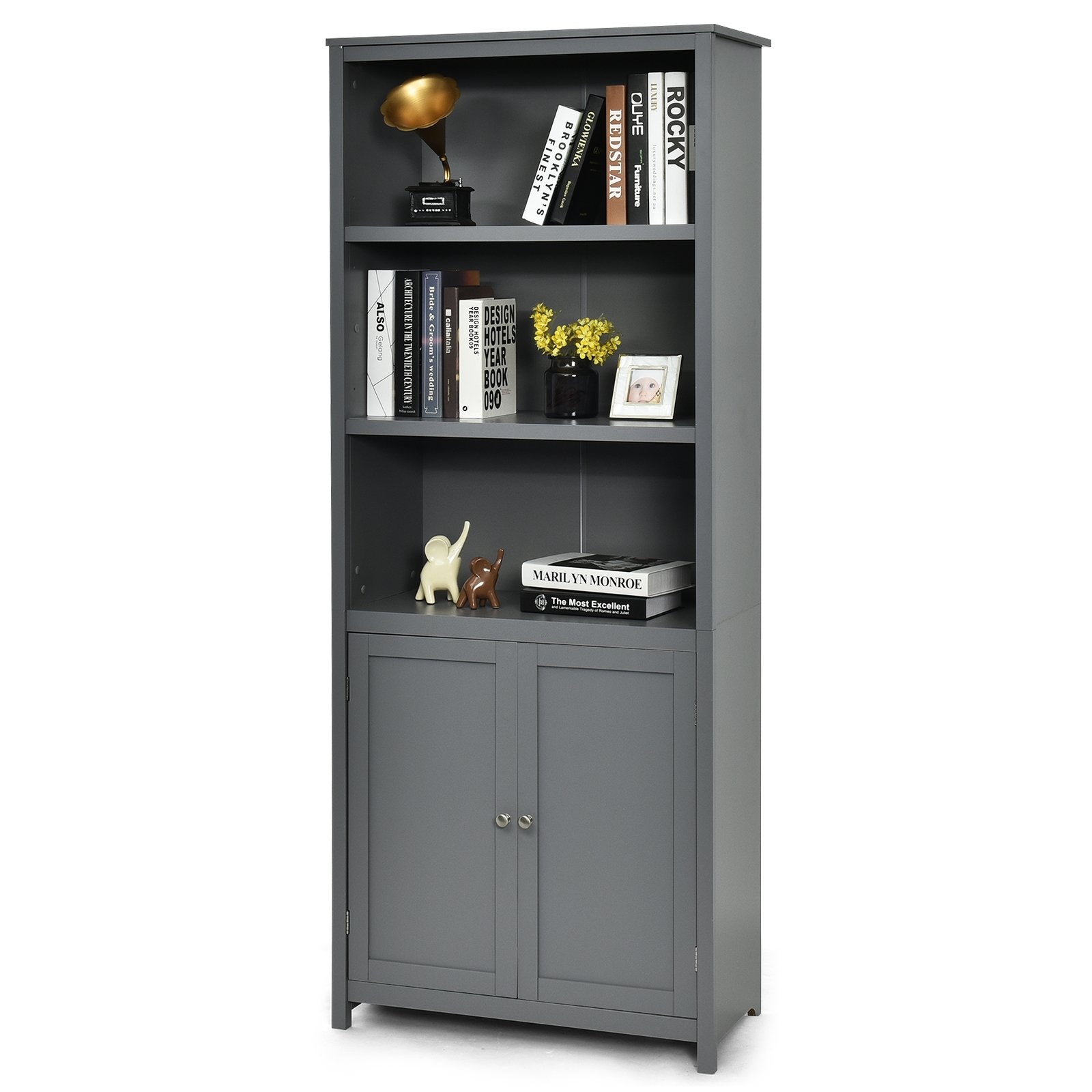 Bookcase Shelving Storage Wooden Cabinet Unit Standing Display Bookcase with Doors, Gray Bookcases   at Gallery Canada