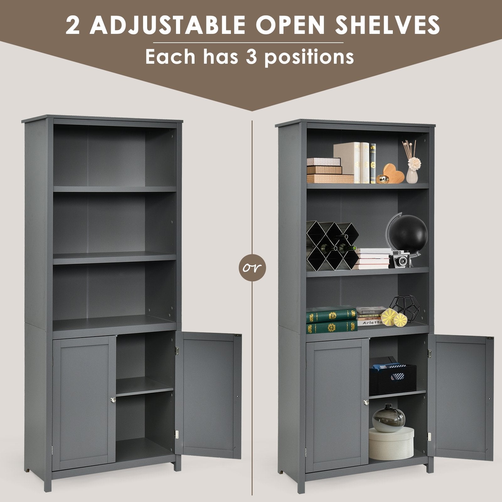 Bookcase Shelving Storage Wooden Cabinet Unit Standing Display Bookcase with Doors, Gray Bookcases   at Gallery Canada