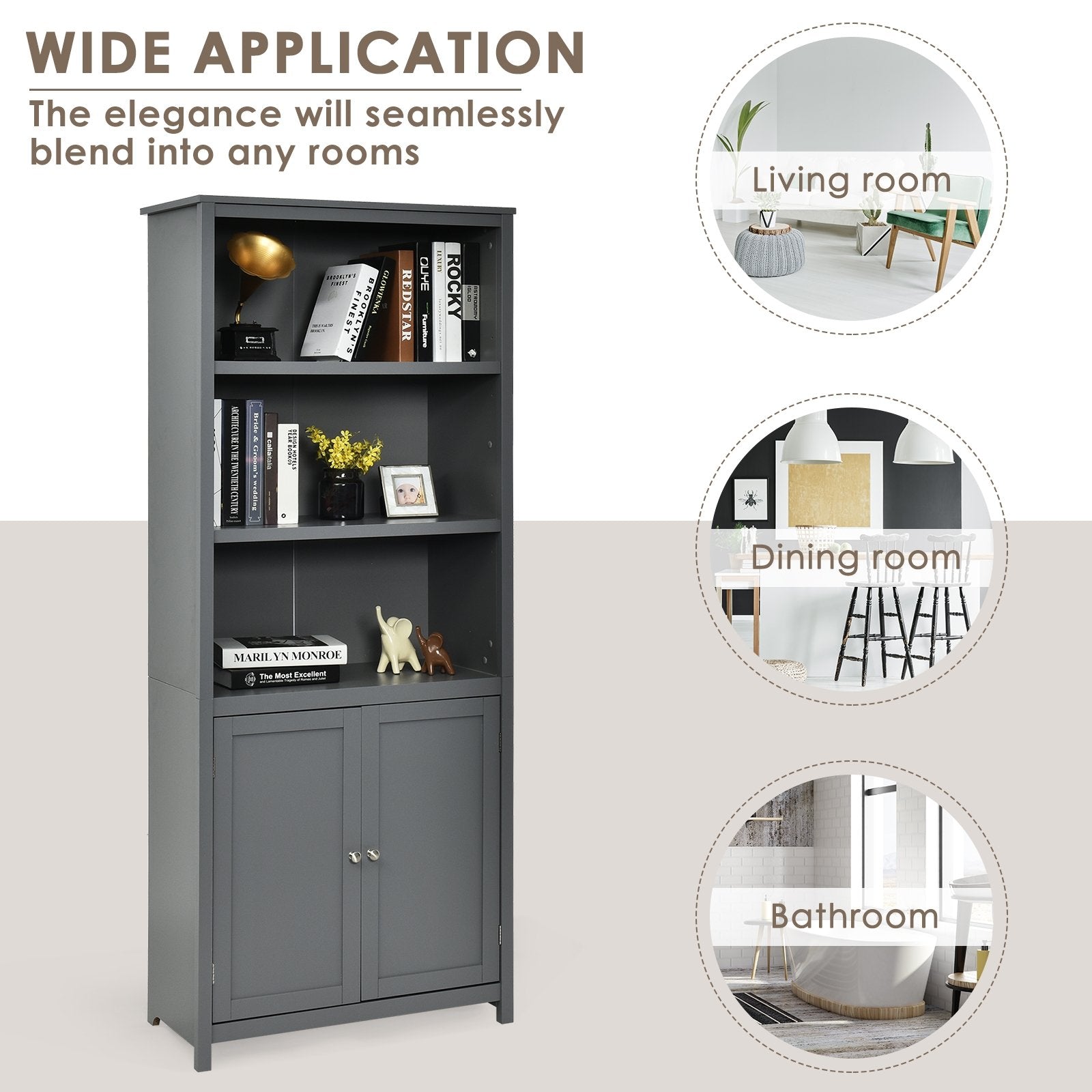 Bookcase Shelving Storage Wooden Cabinet Unit Standing Display Bookcase with Doors, Gray Bookcases   at Gallery Canada