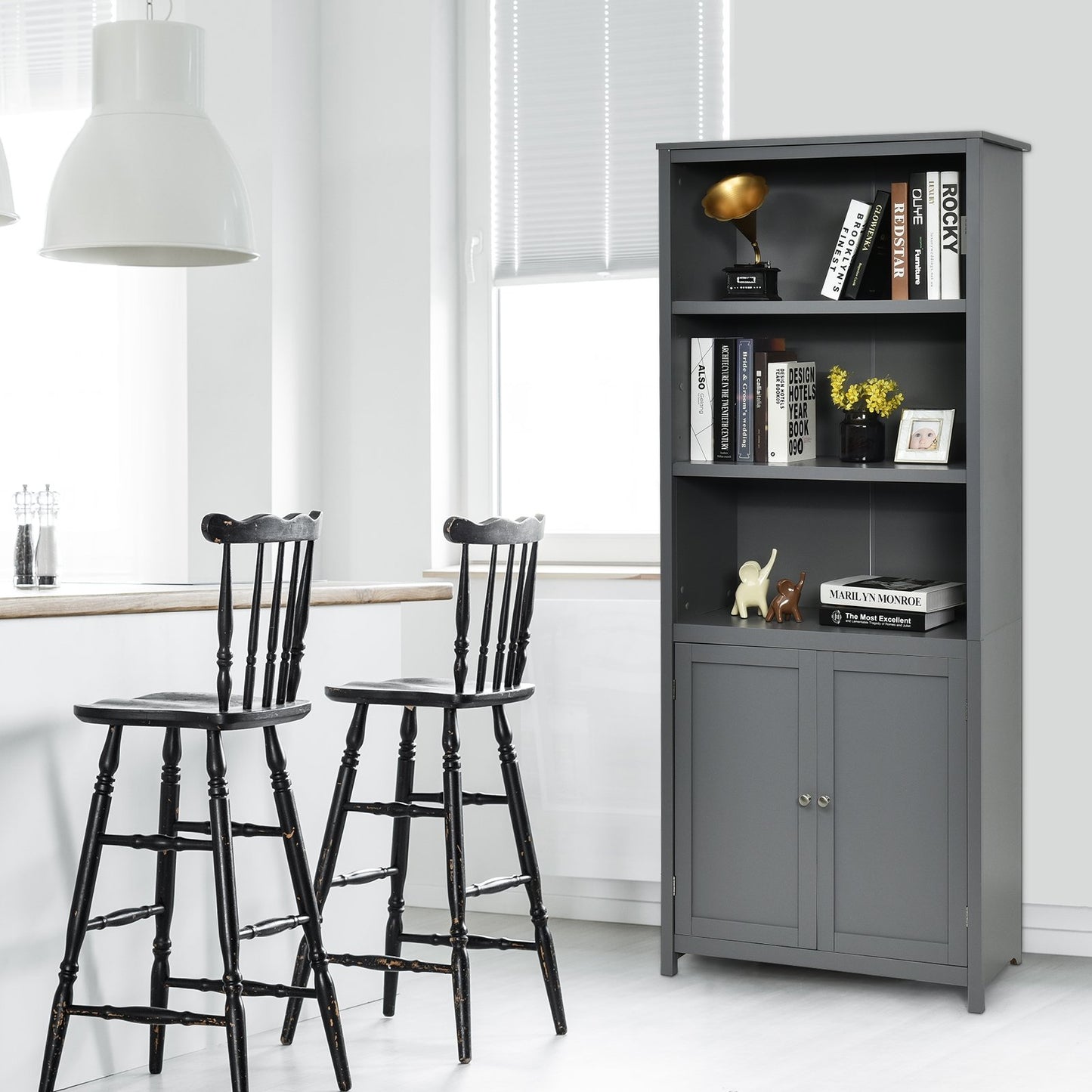 Bookcase Shelving Storage Wooden Cabinet Unit Standing Display Bookcase with Doors, Gray Bookcases   at Gallery Canada