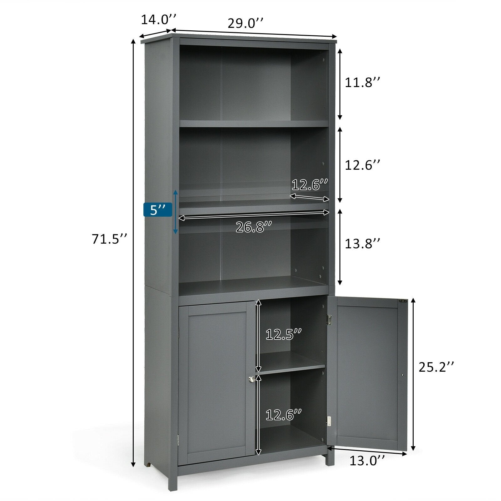 Bookcase Shelving Storage Wooden Cabinet Unit Standing Display Bookcase with Doors, Gray Bookcases   at Gallery Canada