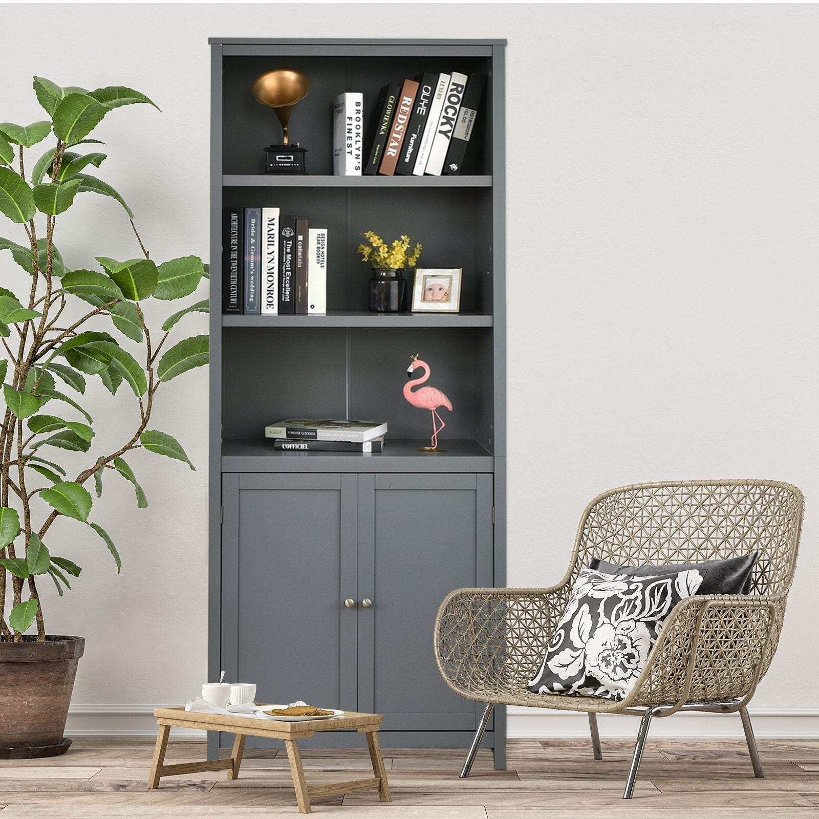 Bookcase Shelving Storage Wooden Cabinet Unit Standing Display Bookcase with Doors, Gray Bookcases   at Gallery Canada