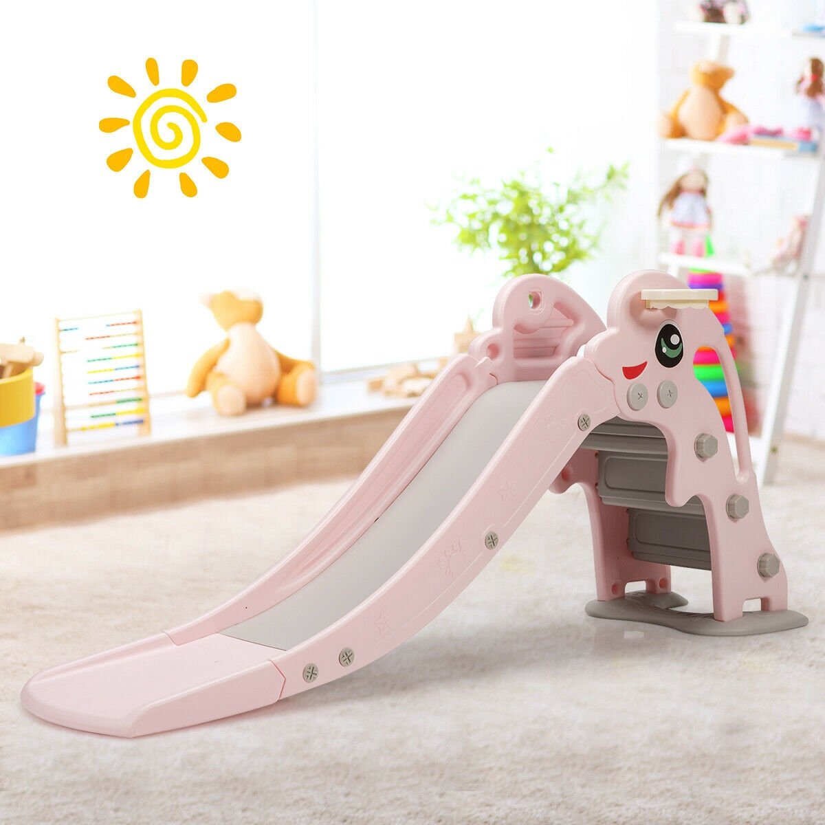 3-in-1 Kids Climber Slide Play Set  with Basketball Hoop and Ball, Pink Climbers & Slides   at Gallery Canada