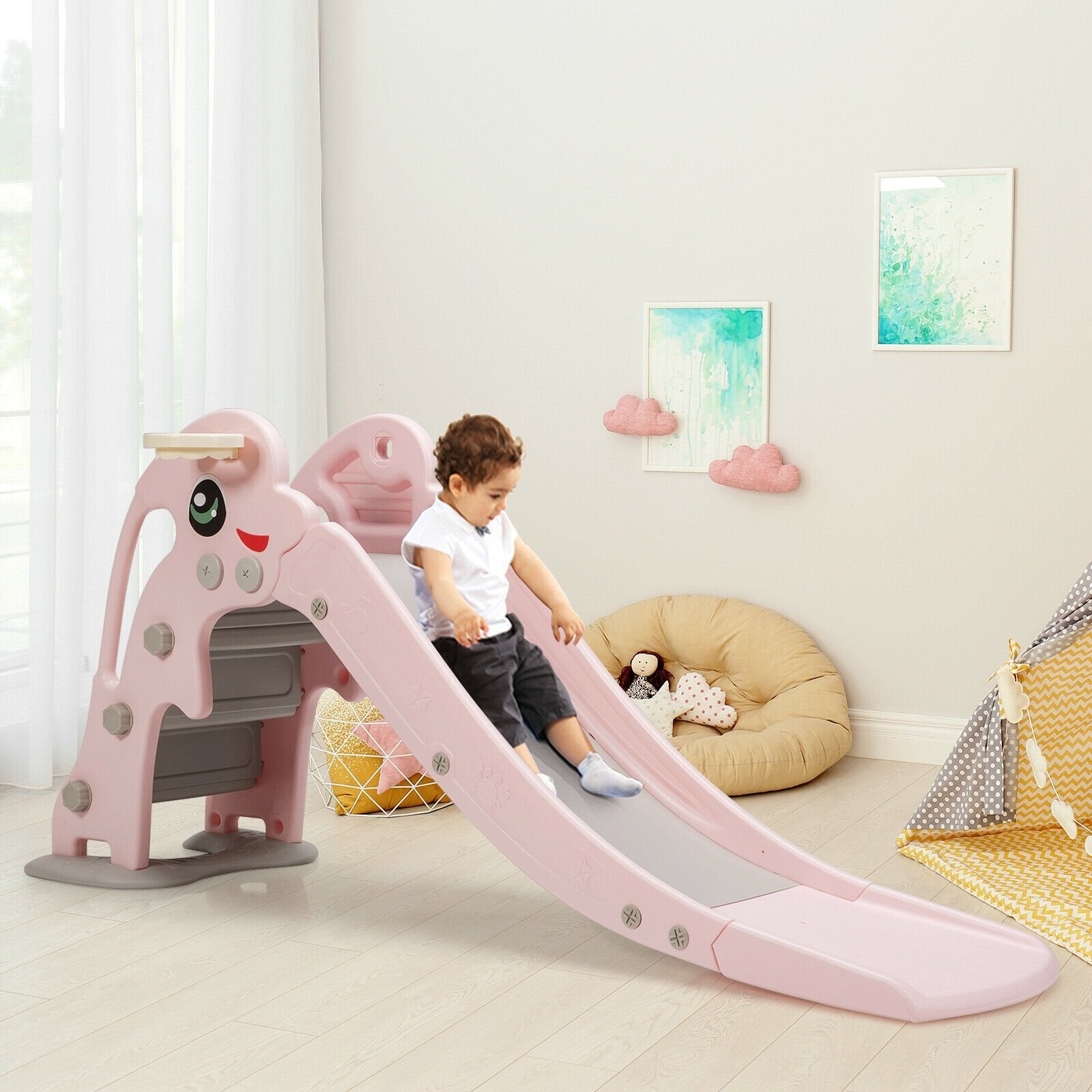 3-in-1 Kids Climber Slide Play Set  with Basketball Hoop and Ball, Pink Climbers & Slides   at Gallery Canada