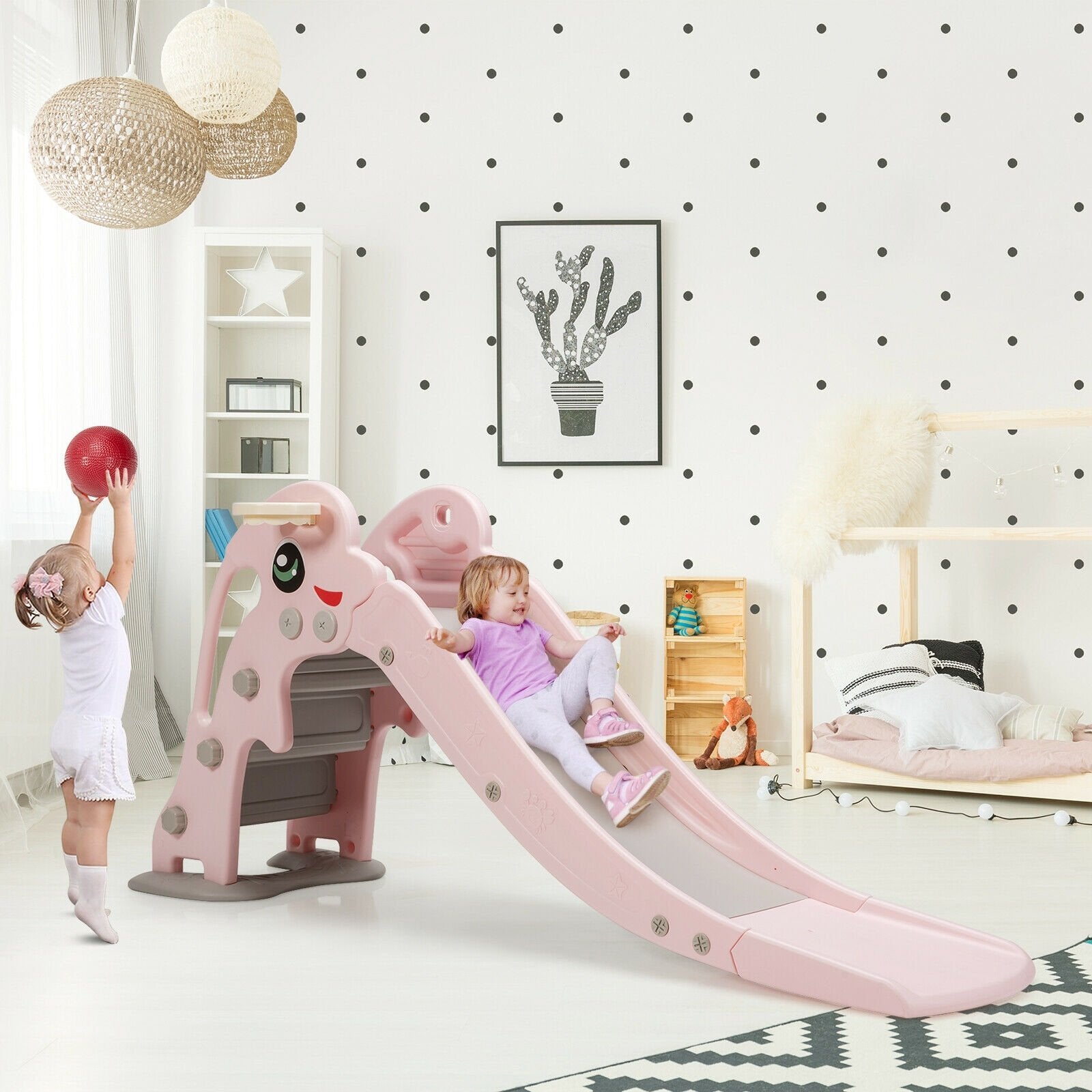 3-in-1 Kids Climber Slide Play Set  with Basketball Hoop and Ball, Pink Climbers & Slides   at Gallery Canada