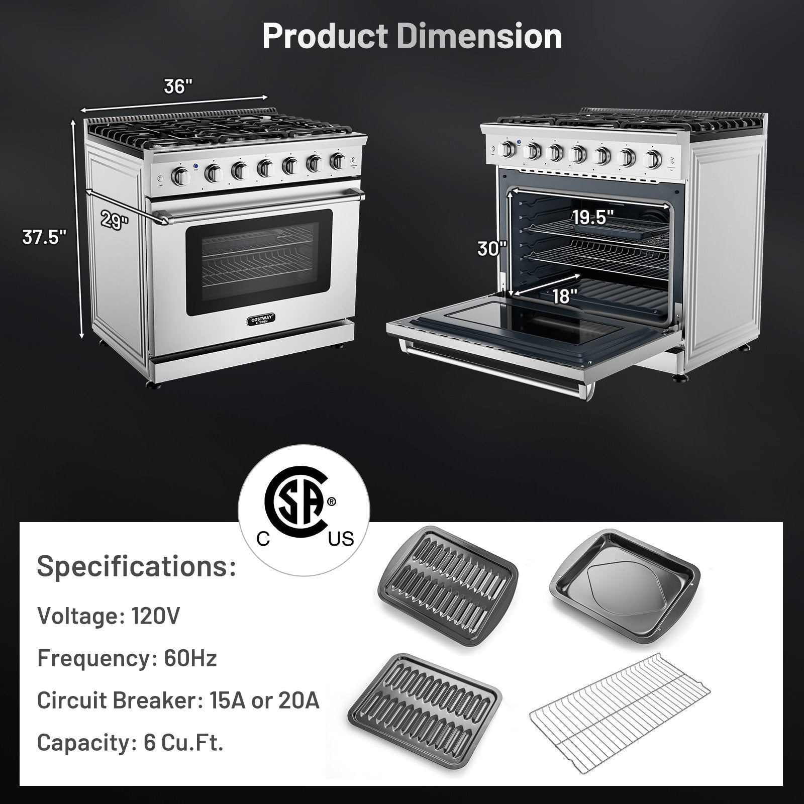 36 Inches Freestanding Natural Gas Range with 6 Burners Cooktop Food Warmers & Burners   at Gallery Canada