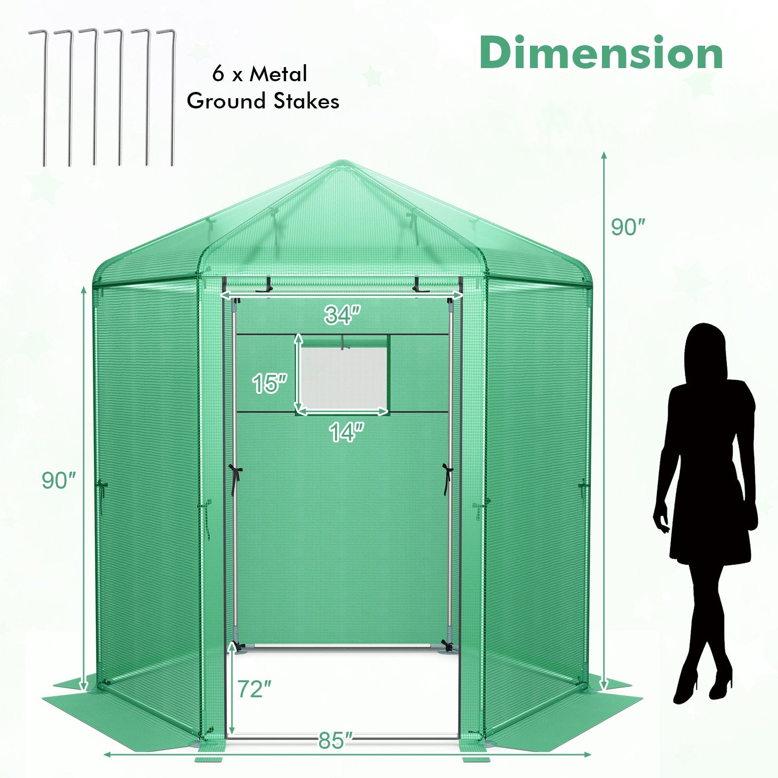 Walk-In Hexagonal Greenhouse with PE Cover and Metal Frame, Green Greenhouses   at Gallery Canada