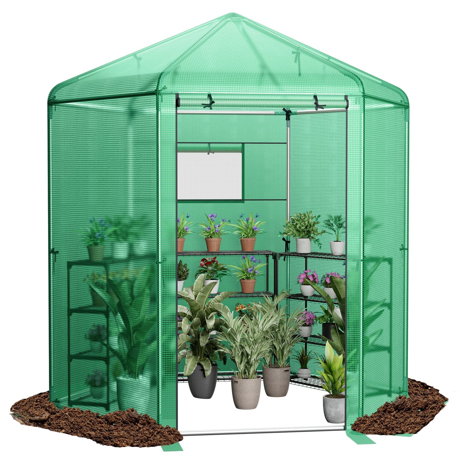 Walk-In Hexagonal Greenhouse with PE Cover and Metal Frame, Green Greenhouses   at Gallery Canada