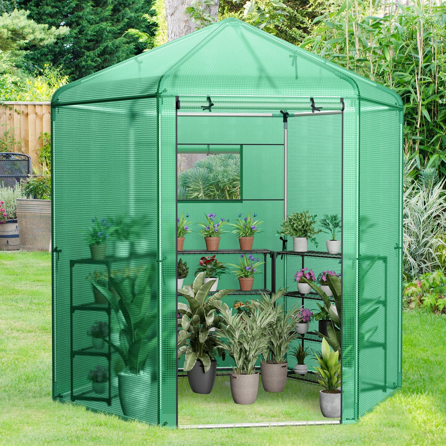 Walk-In Hexagonal Greenhouse with PE Cover and Metal Frame, Green Greenhouses   at Gallery Canada