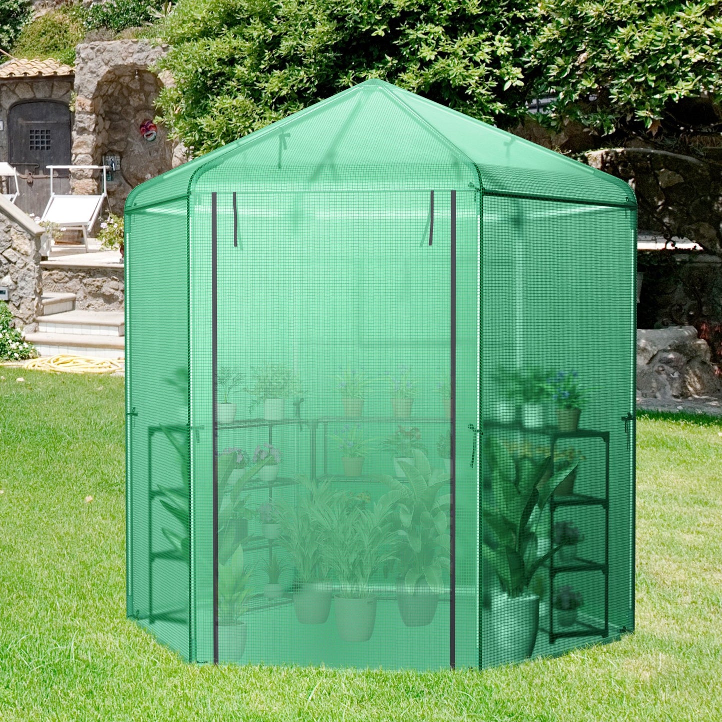 Walk-In Hexagonal Greenhouse with PE Cover and Metal Frame, Green - Gallery Canada