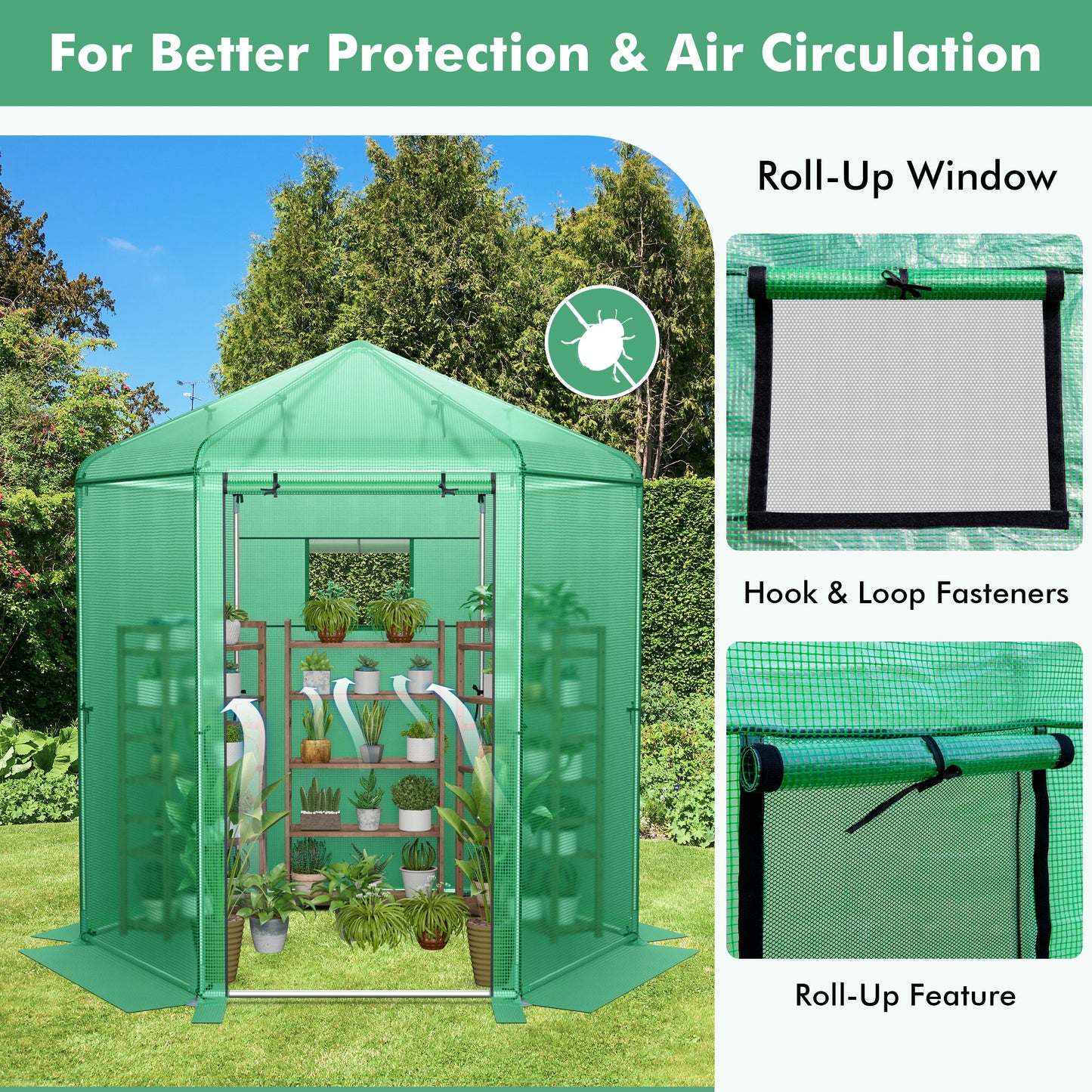 Walk-In Hexagonal Greenhouse with PE Cover and Metal Frame, Green - Gallery Canada