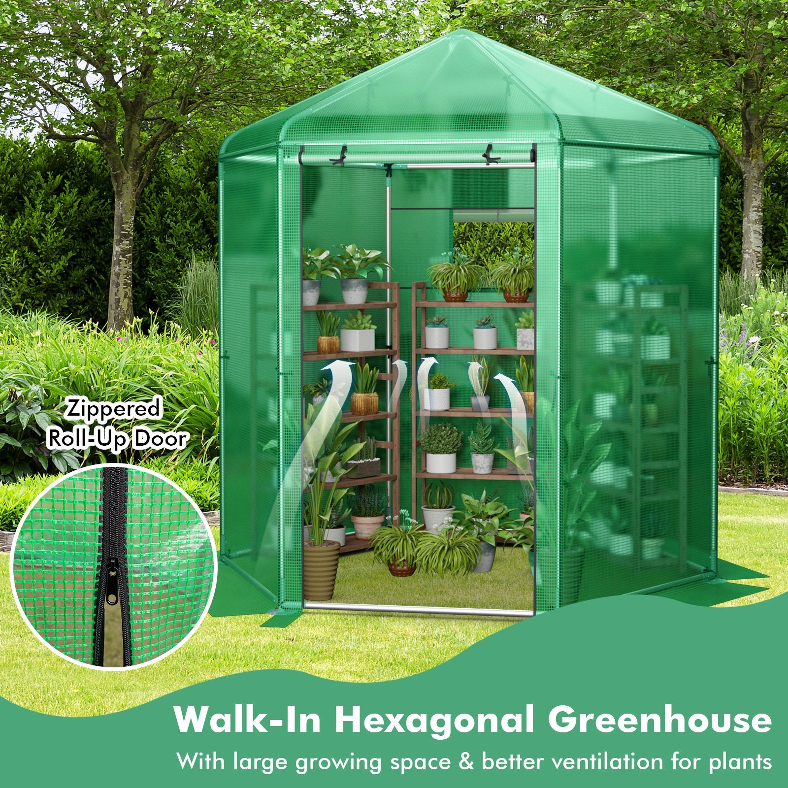 Walk-In Hexagonal Greenhouse with PE Cover and Metal Frame, Green Greenhouses   at Gallery Canada