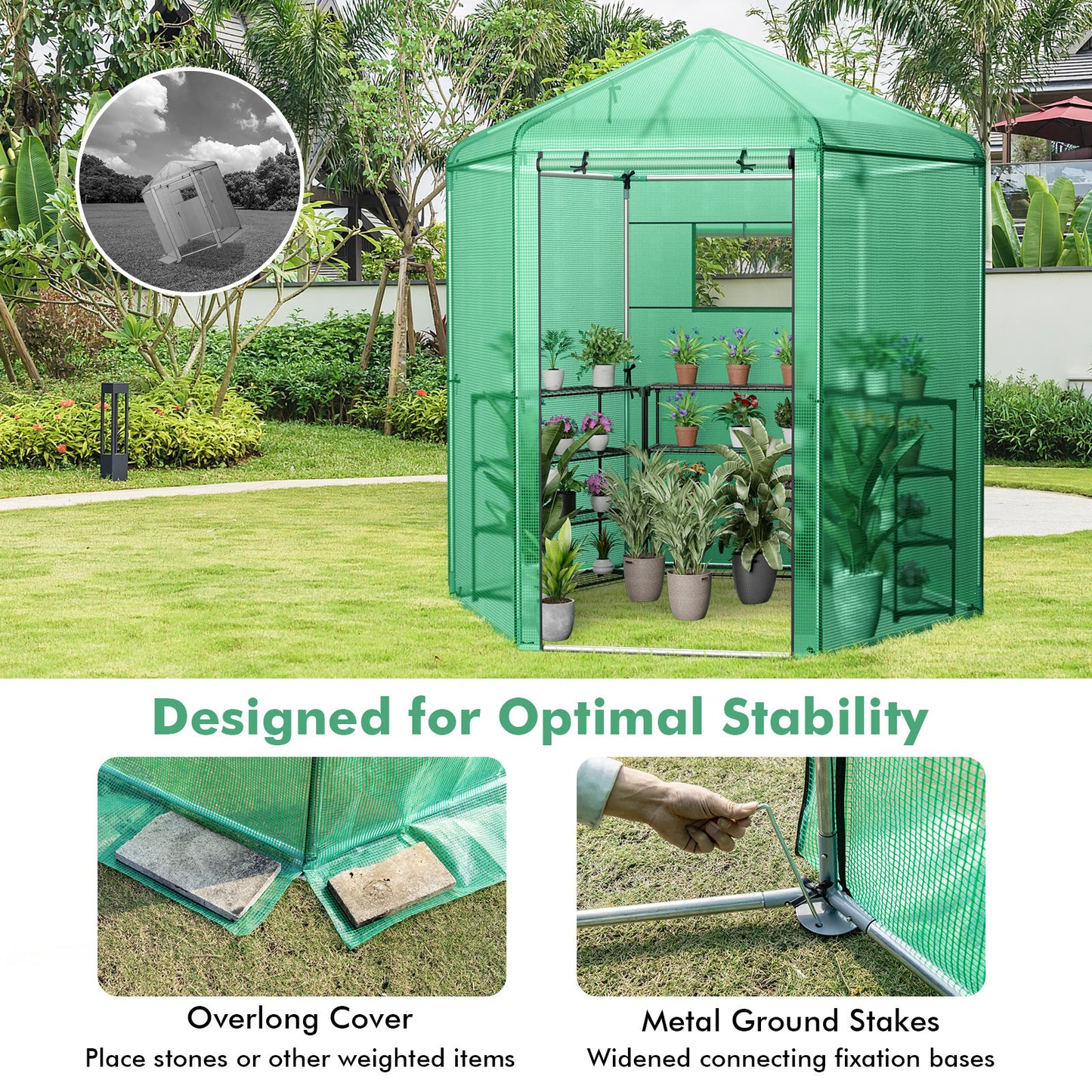 Walk-In Hexagonal Greenhouse with PE Cover and Metal Frame, Green - Gallery Canada