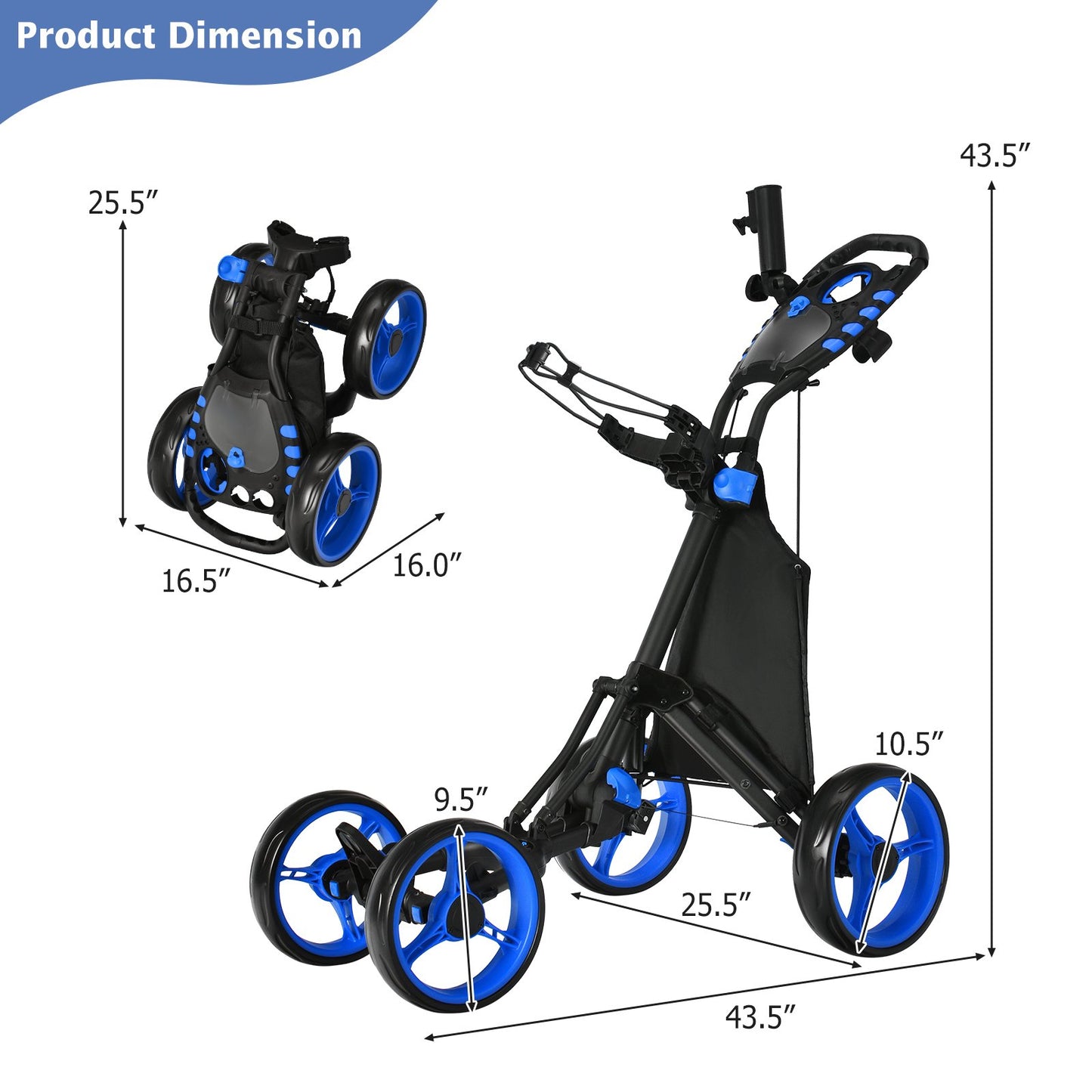 Lightweight Foldable Collapsible 4 Wheels Golf Push Cart, Blue Golf   at Gallery Canada