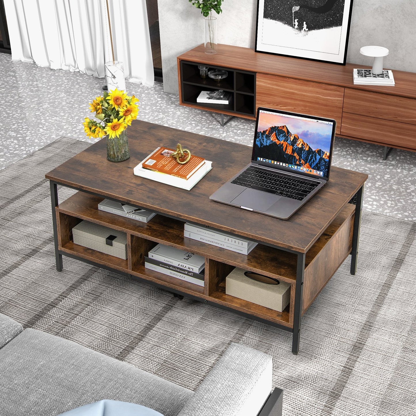 3-Tier Industrial Style Coffee Table with Storage and Heavy-duty Metal Frame, Coffee Coffee Tables   at Gallery Canada