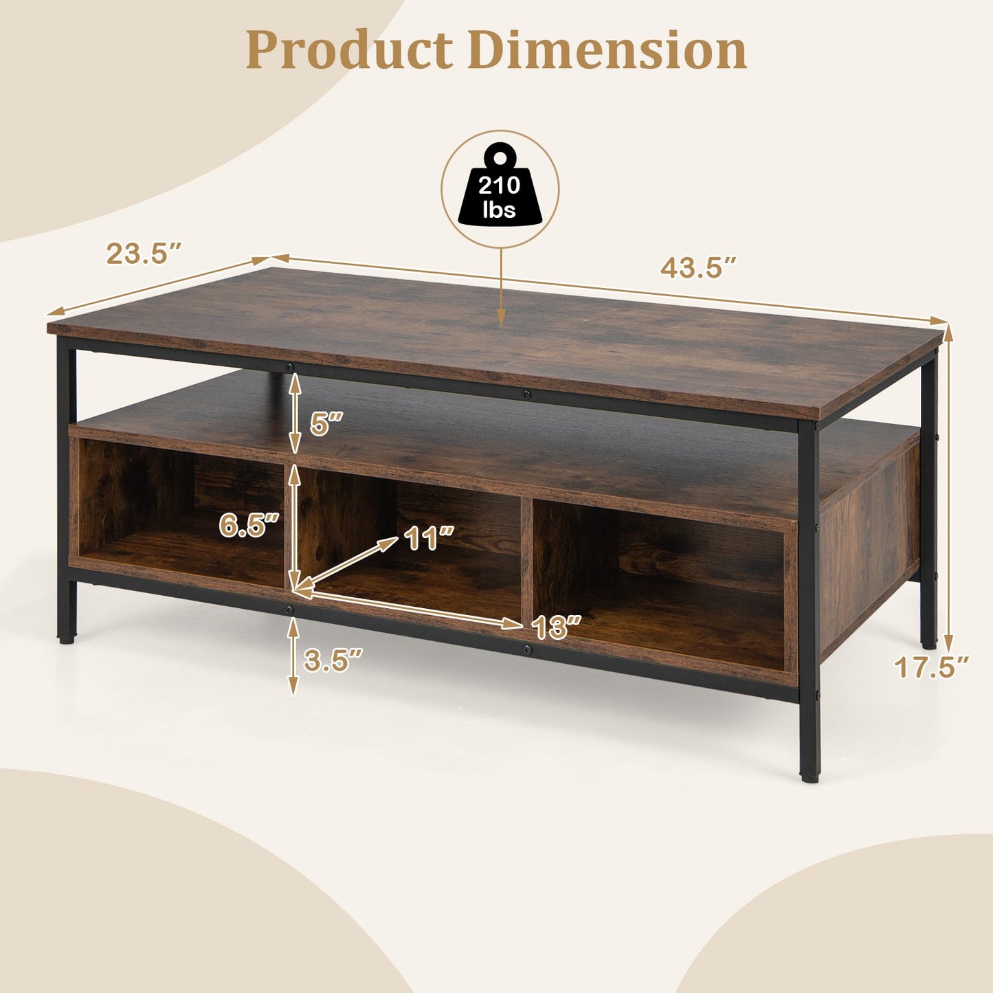 3-Tier Industrial Style Coffee Table with Storage and Heavy-duty Metal Frame, Coffee Coffee Tables   at Gallery Canada