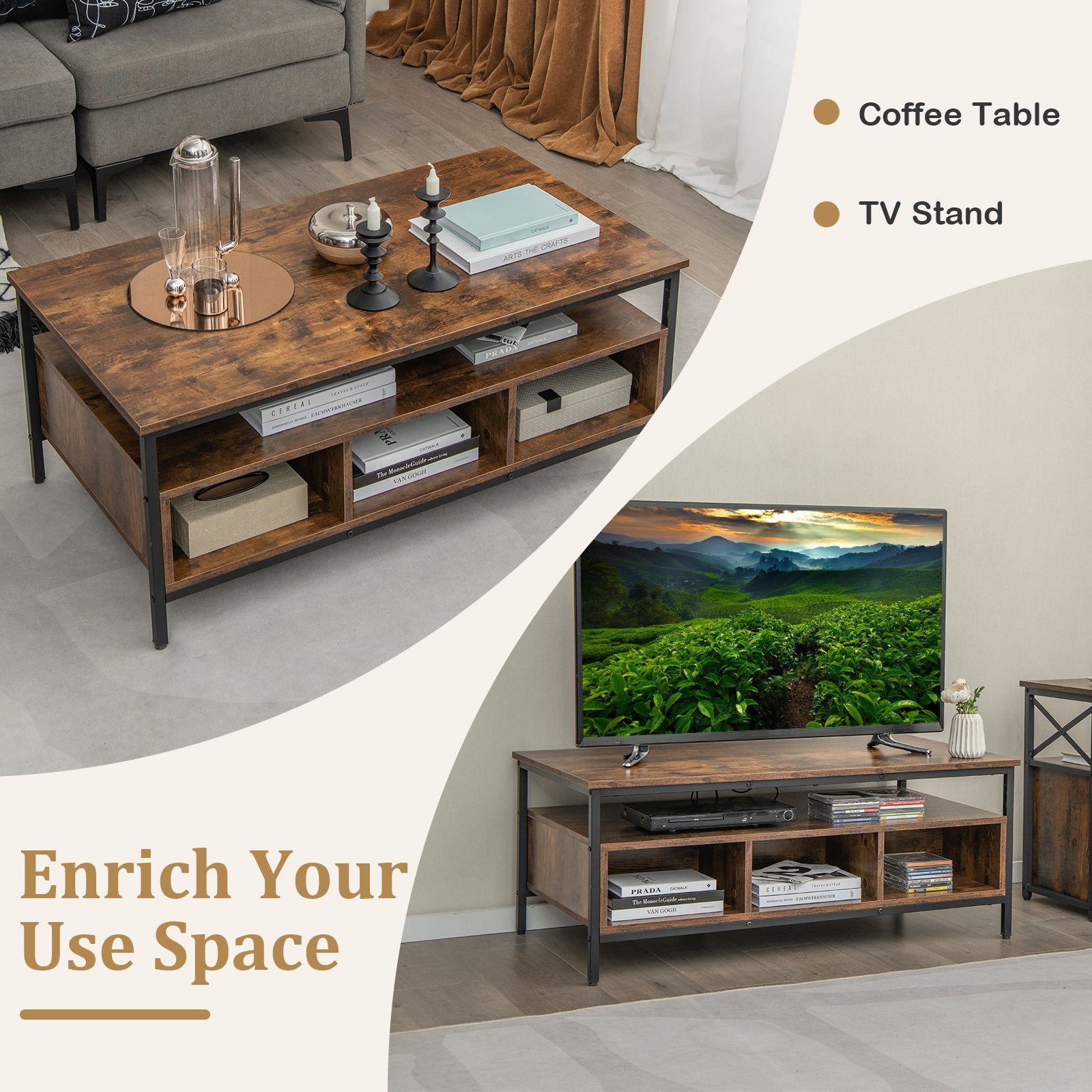 3-Tier Industrial Style Coffee Table with Storage and Heavy-duty Metal Frame, Coffee Coffee Tables   at Gallery Canada