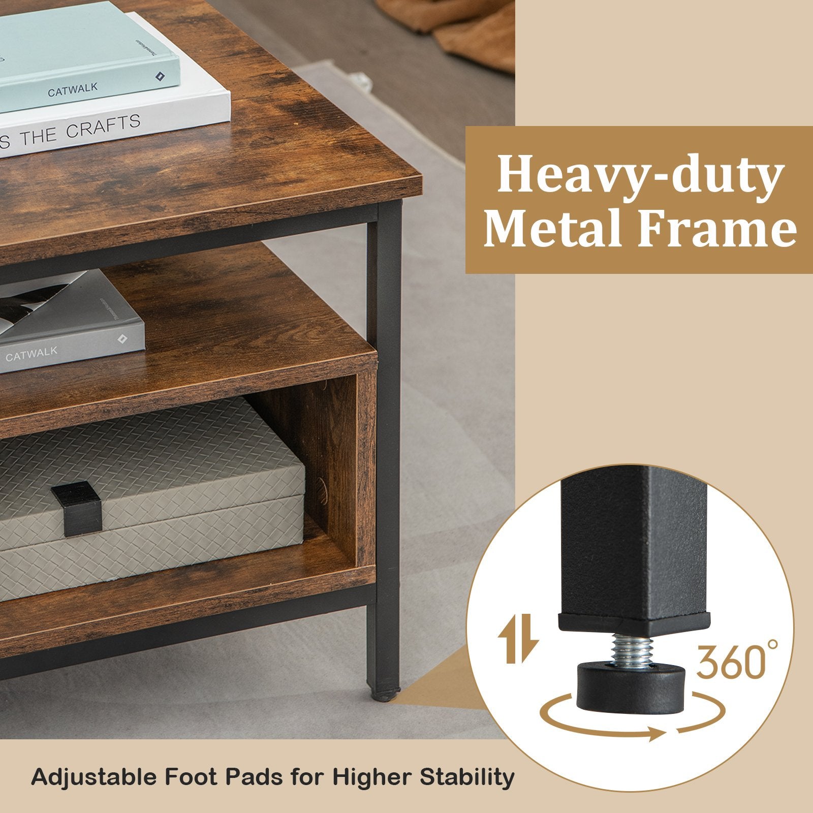 3-Tier Industrial Style Coffee Table with Storage and Heavy-duty Metal Frame, Coffee Coffee Tables   at Gallery Canada